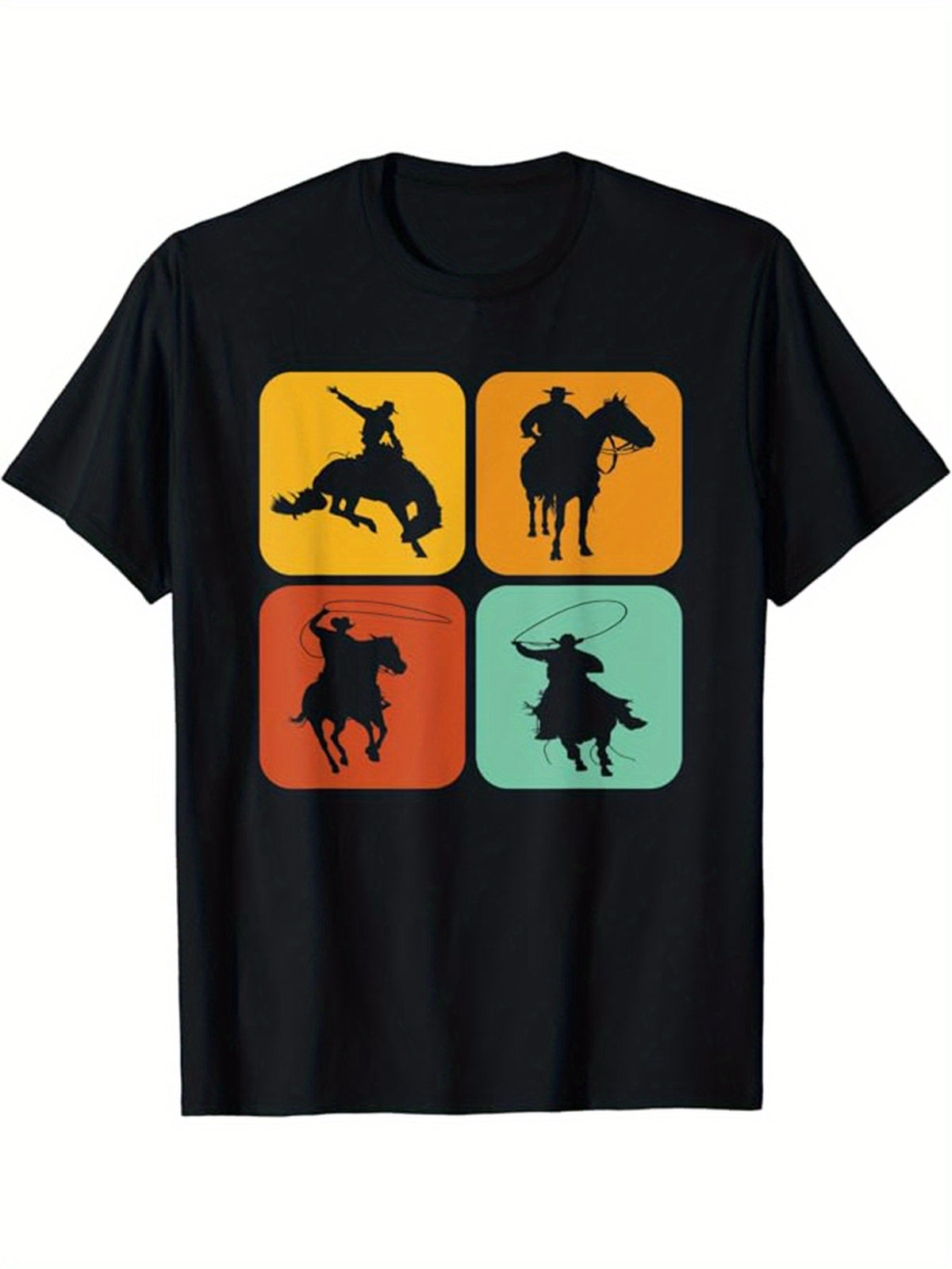 Western Cowboy Print Men's Cotton Graphic T-shirt, Casual Short Sleeve Crew Neck T-shirt, Men's Tee For Outdoor