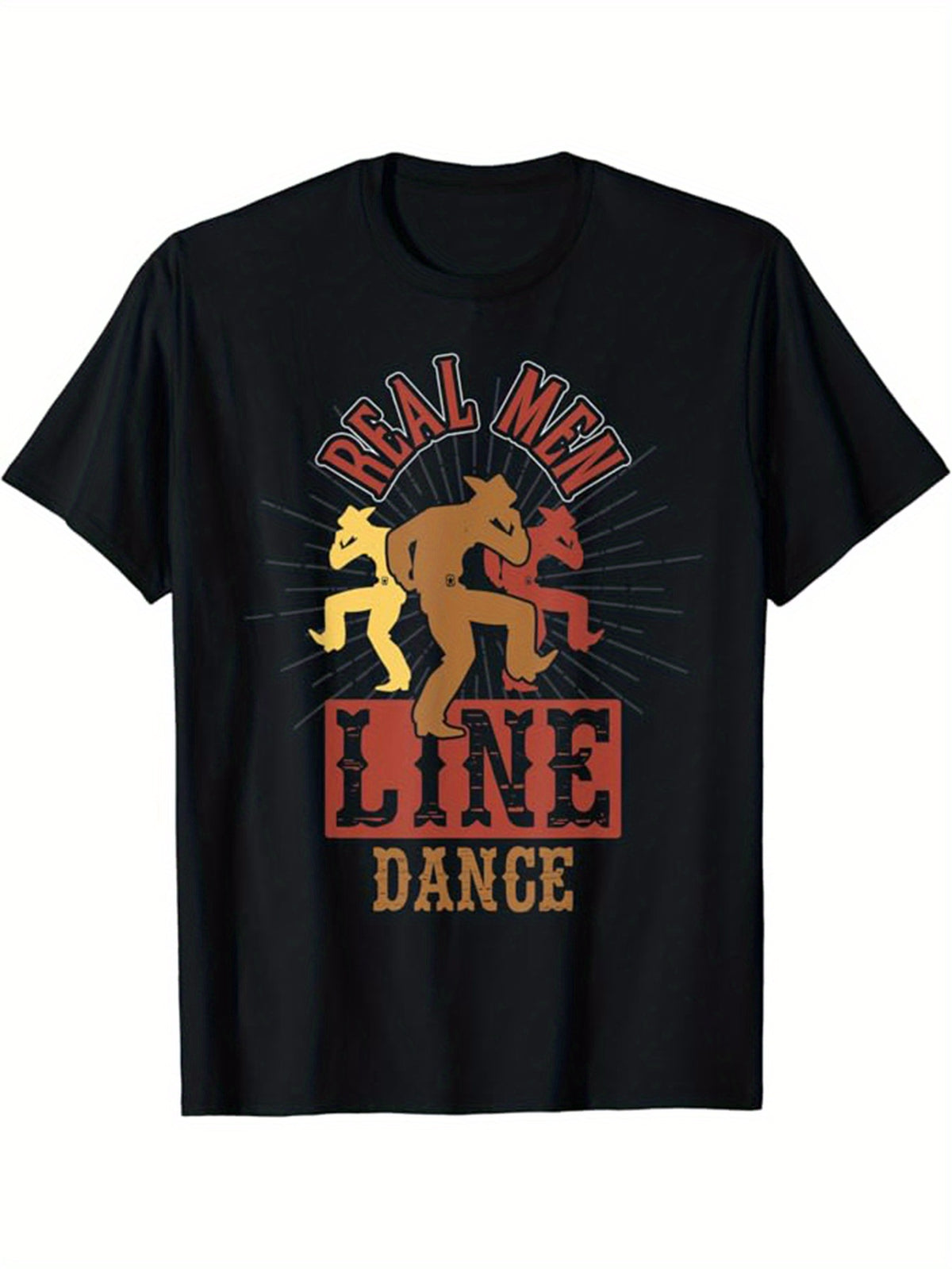 [Durable] Men's Cotton Western Cowboy Graphic T-Shirt - Casual Short Sleeve Crew Neck Tee with "REAL MEN LINE DANCE" Print, Relaxed Fit, Machine Washable for Outdoor and Casual Attire