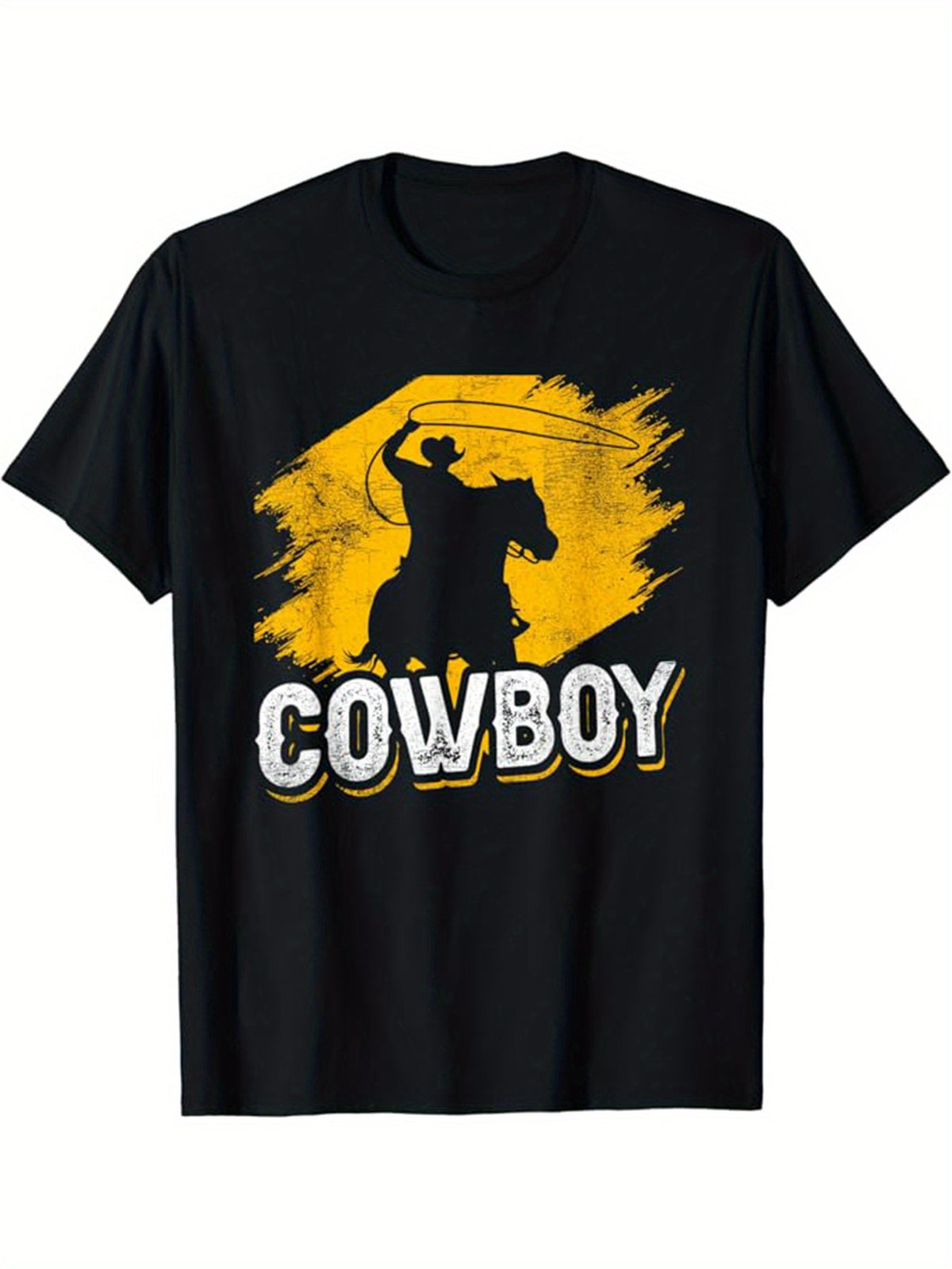 Western Cowboy Print Men's Cotton Graphic T-shirt, Casual Short Sleeve Crew Neck T-shirt, Men's Tee For Outdoor