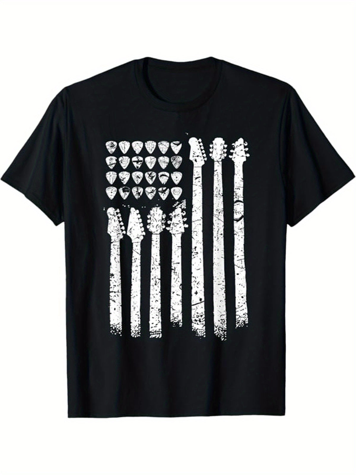 Guitar Print Men's Cotton Graphic T-shirt, Casual Short Sleeve Crew Neck T-shirt, Men's Tee For Outdoor