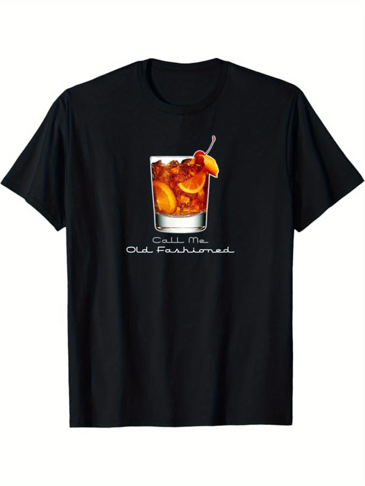 Men's Vintage Whiskey Graphic Cotton T-Shirt – "Call Me Old Fashioned" Design, Casual Short Sleeve Crew Neck Tee for Outdoor Wear, Black with Orange & White Print, Loose Fit, Machine Washable, Vintage Tshirt