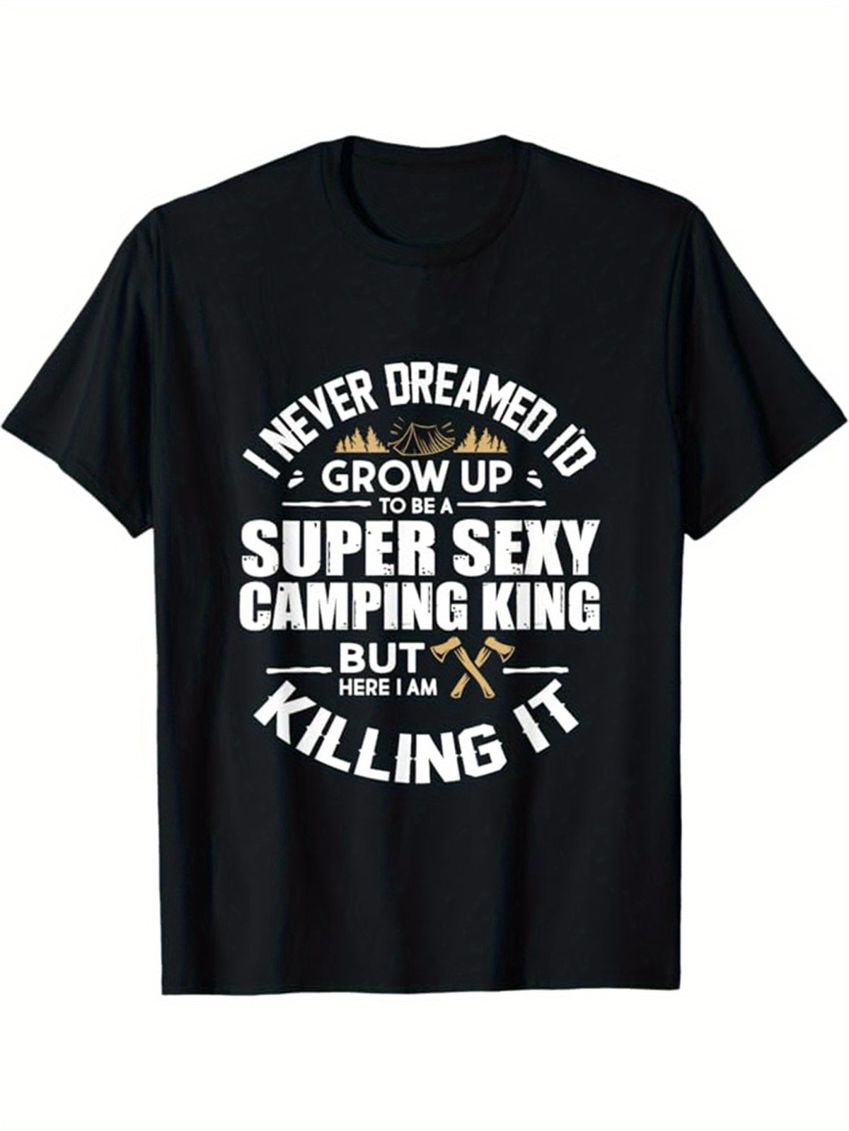 Camping Printed Men's Cotton Graphic T-shirt, Casual Short Sleeve Crew Neck T-shirt, Men's Tee For Outdoor
