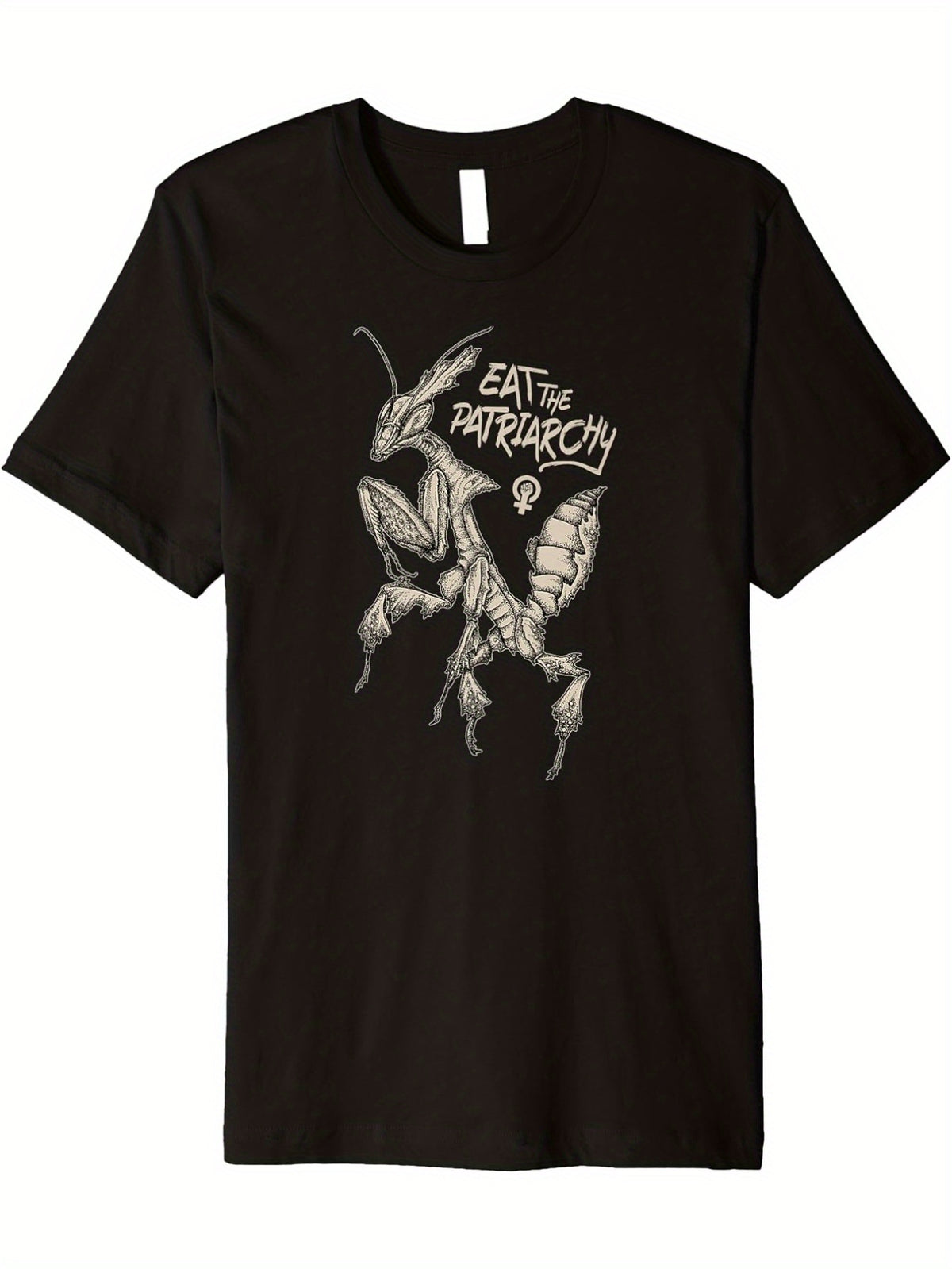 Eat the Patriarchy! Punk Feminist Mantis Art T-Shirt - Black Cotton Crew Neck Tee with Unique Graphic Design, Casual Fit, Sizes S to XXL