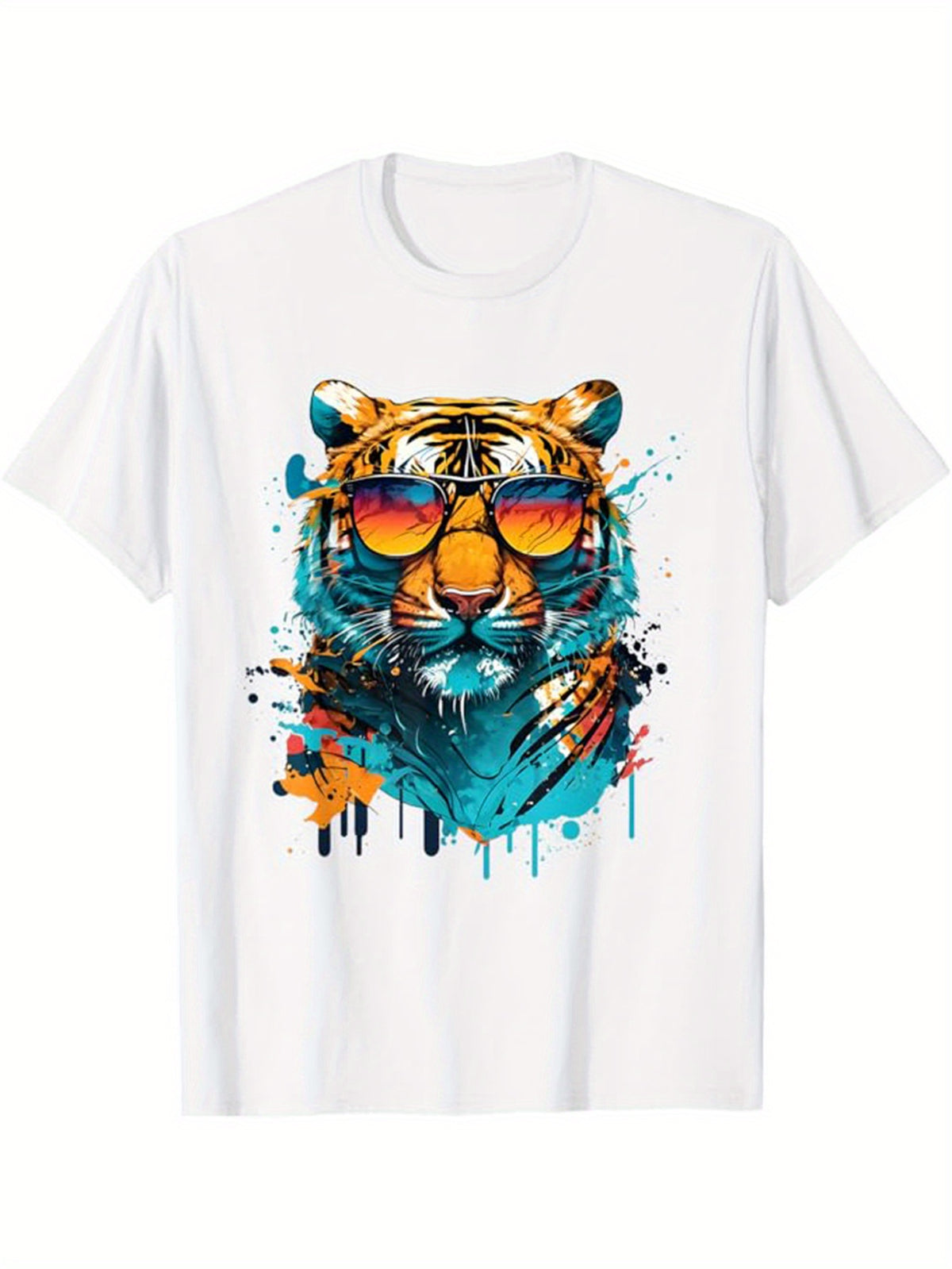 Tiger Printed Men's Cotton Graphic T-shirt, Casual Short Sleeve Crew Neck Gamer T-shirt, Men's Tee For Outdoor