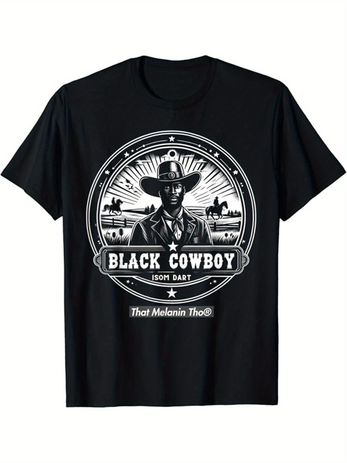 Black Cowboy Printed, Men's Cotton Graphic T-shirt, Casual Short Sleeve Crew Neck Gamer T-shirt, Men's Tee For Outdoor