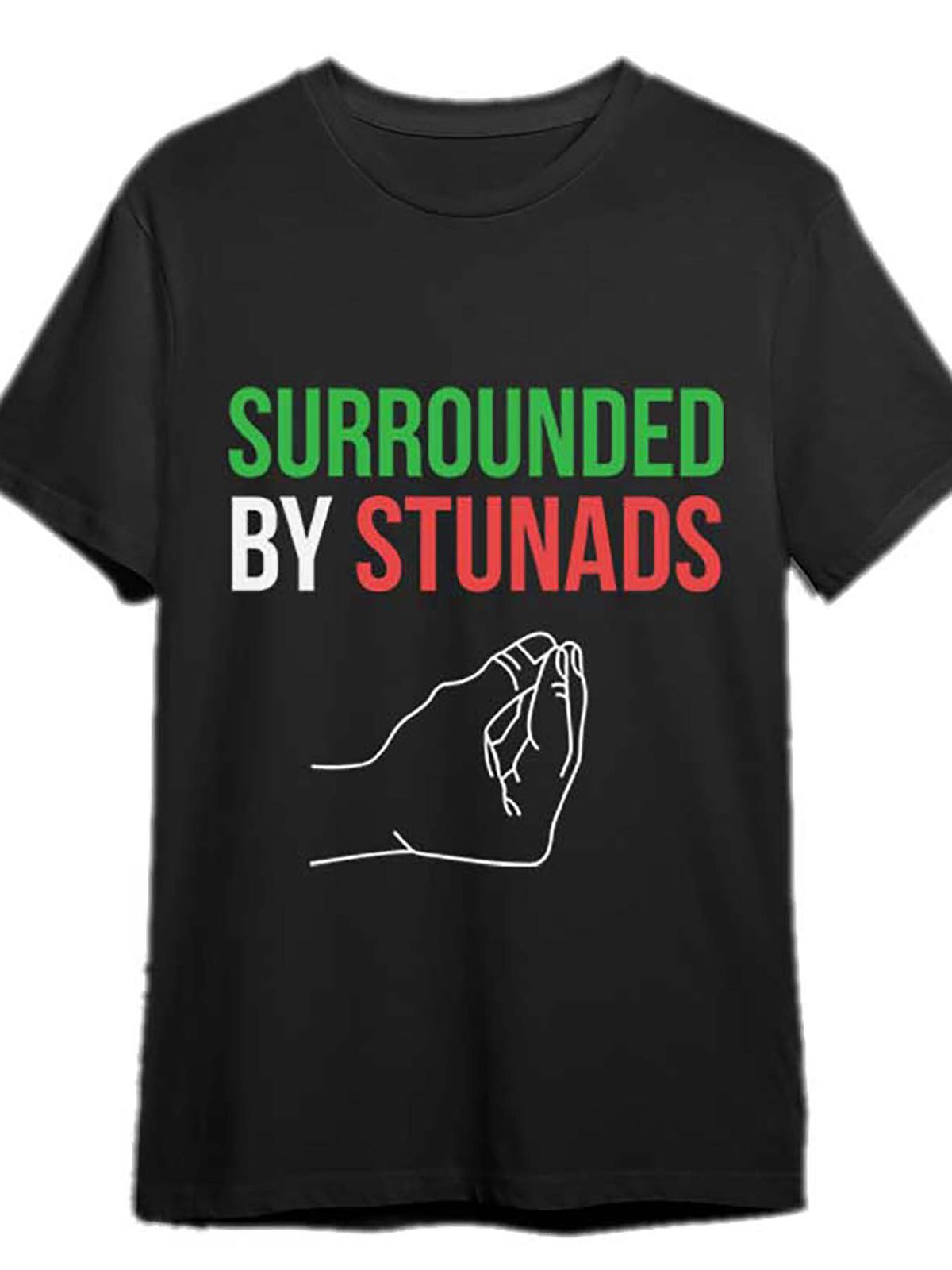 Comfortable Fit| Men's "Surrounded by Stunads" Funny Italian Saying T-Shirt - Black, 100% Cotton, Casual Short Sleeve Graphic Tee with Colorful Hand Illustration, Machine Washable