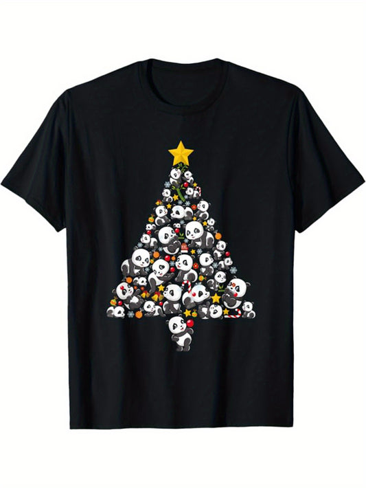 Panda Printed, Men's Cotton Graphic T-shirt, Casual Short Sleeve Crew Neck Gamer T-shirt, Men's Tee For Outdoor