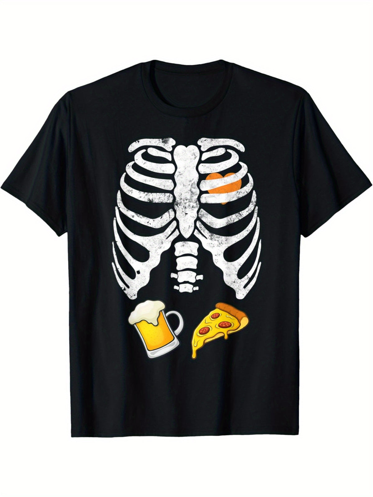 Funny Skeleton Beer & Pizza X-Ray Print T-Shirt - 100% Cotton, Casual Fit for All Seasons, Beer T Shirt