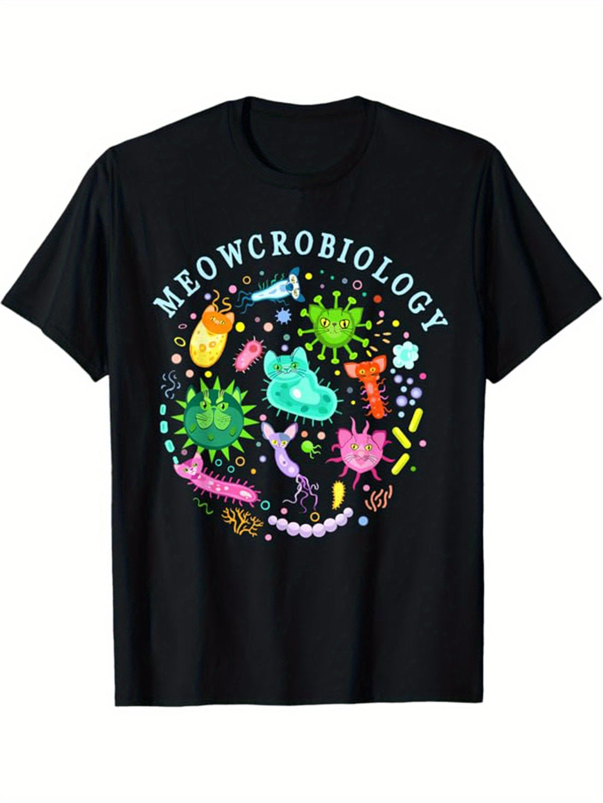 Men's Cotton T-Shirt with Colorful Science Graphics - "MEOWROBIOLOGY" Print, Casual Crew Neck, Short Sleeve, Relaxed Fit, Machine Washable - Ideal for All Seasons & Halloween Gifts