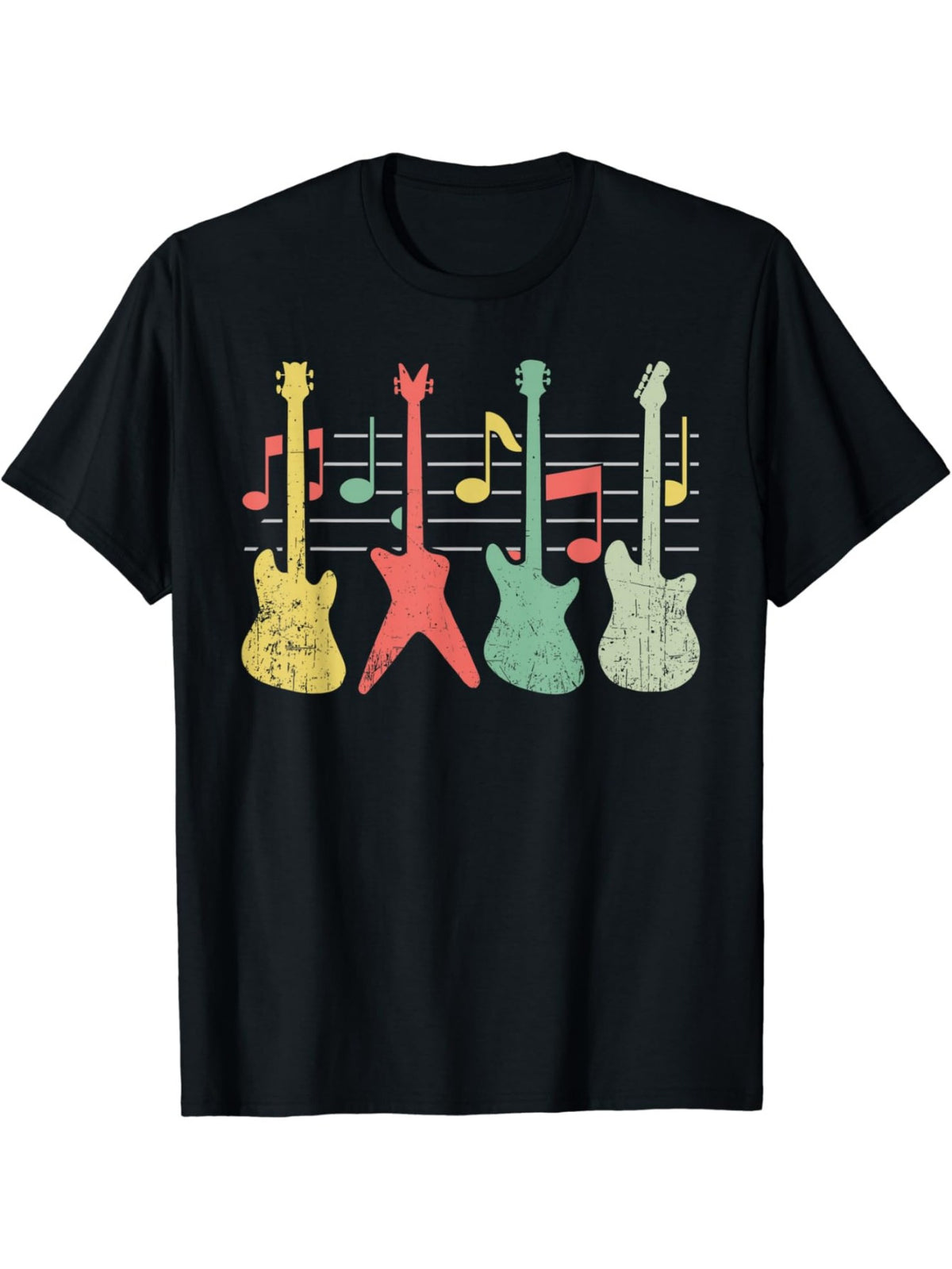 Vintage Guitarist & Music Notes Men's T-Shirt - Soft Cotton, Casual Fit, Short Sleeve, Round Neck - Black with Colorful Guitar Illustrations - Available in Sizes S to XXL