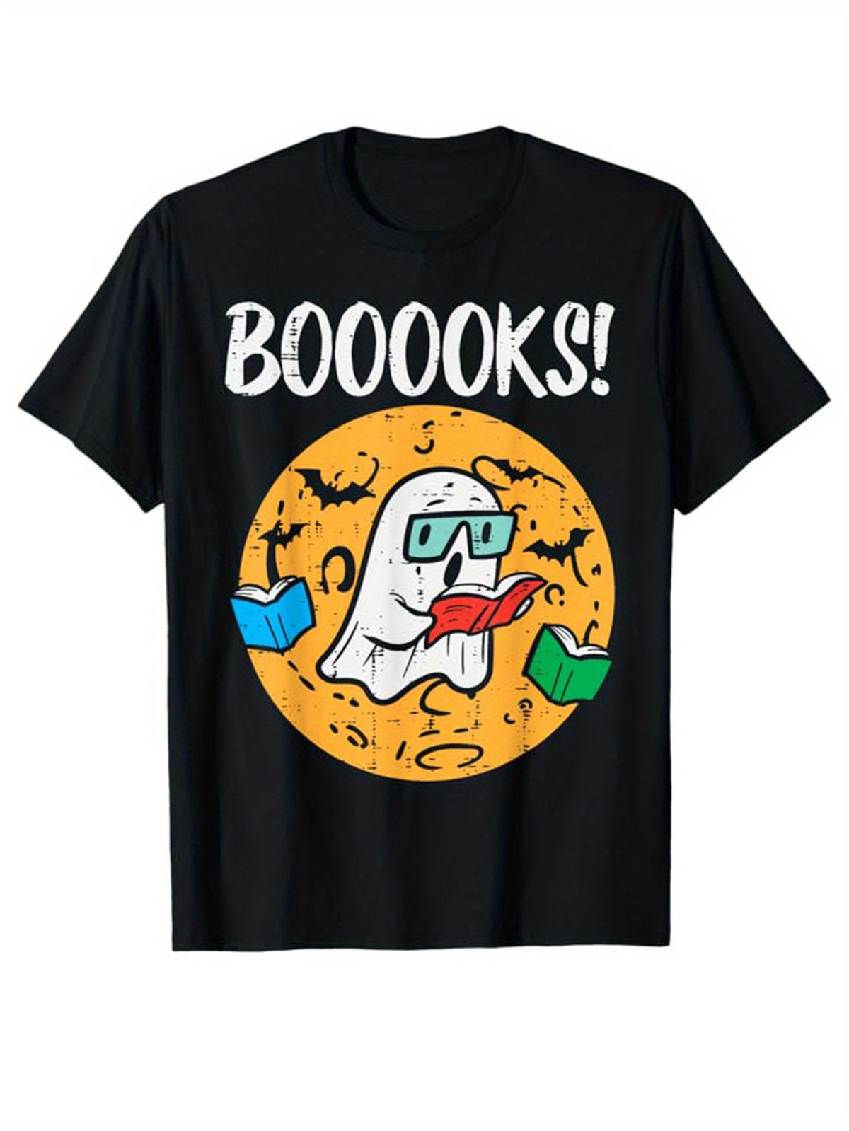 Reading Ghost And Bat Pattern And BOOOOKS Letter Print T-shirt For Men, Pure Cotton Short Sleeve Tee, Summer Top For Casual Wear