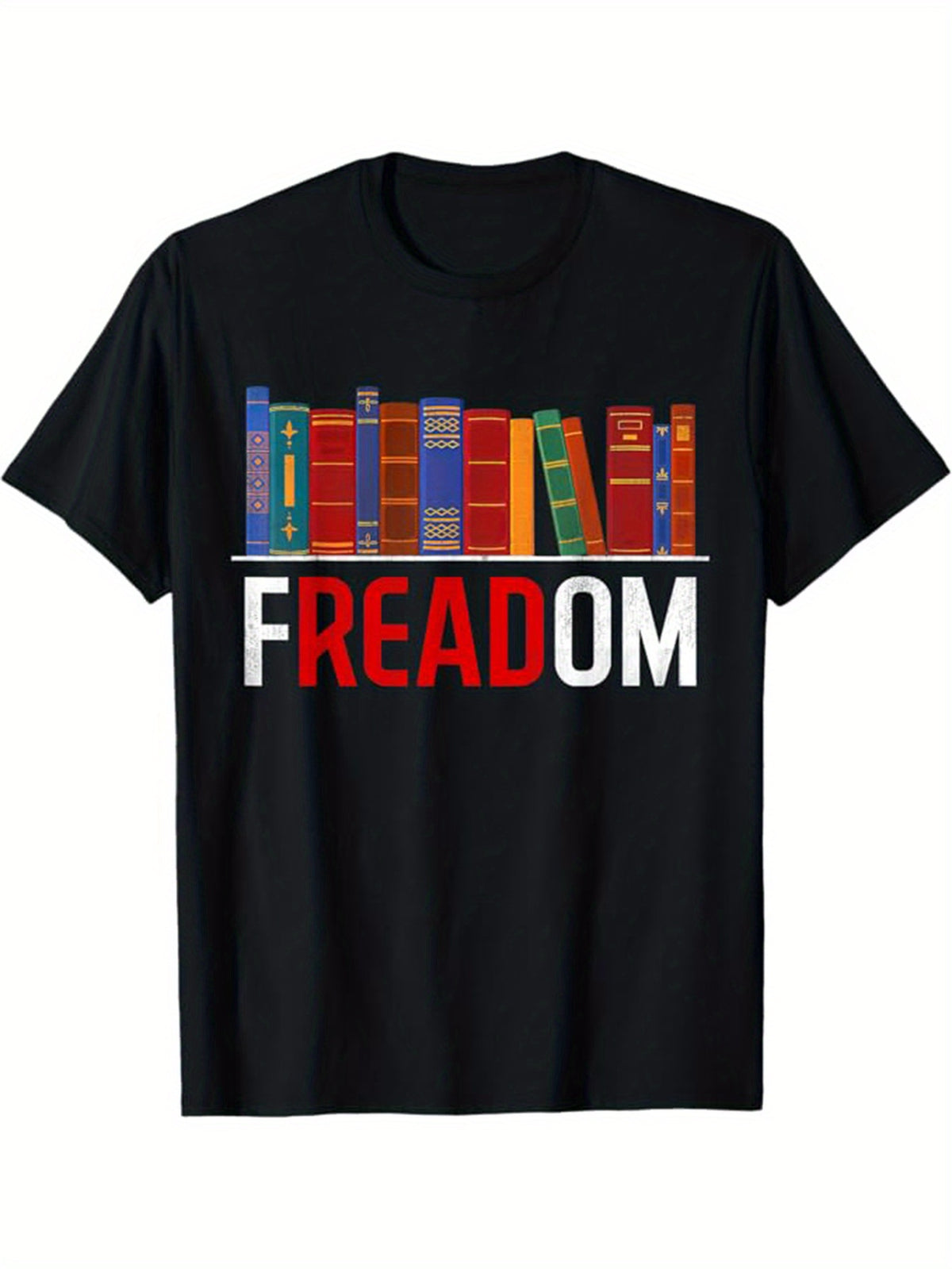 READ FREEDOM Letter Print And Book Pattern T-shirt For Men, Pure Cotton Short Sleeve Tee, Summer Top For Daily And Street Wear