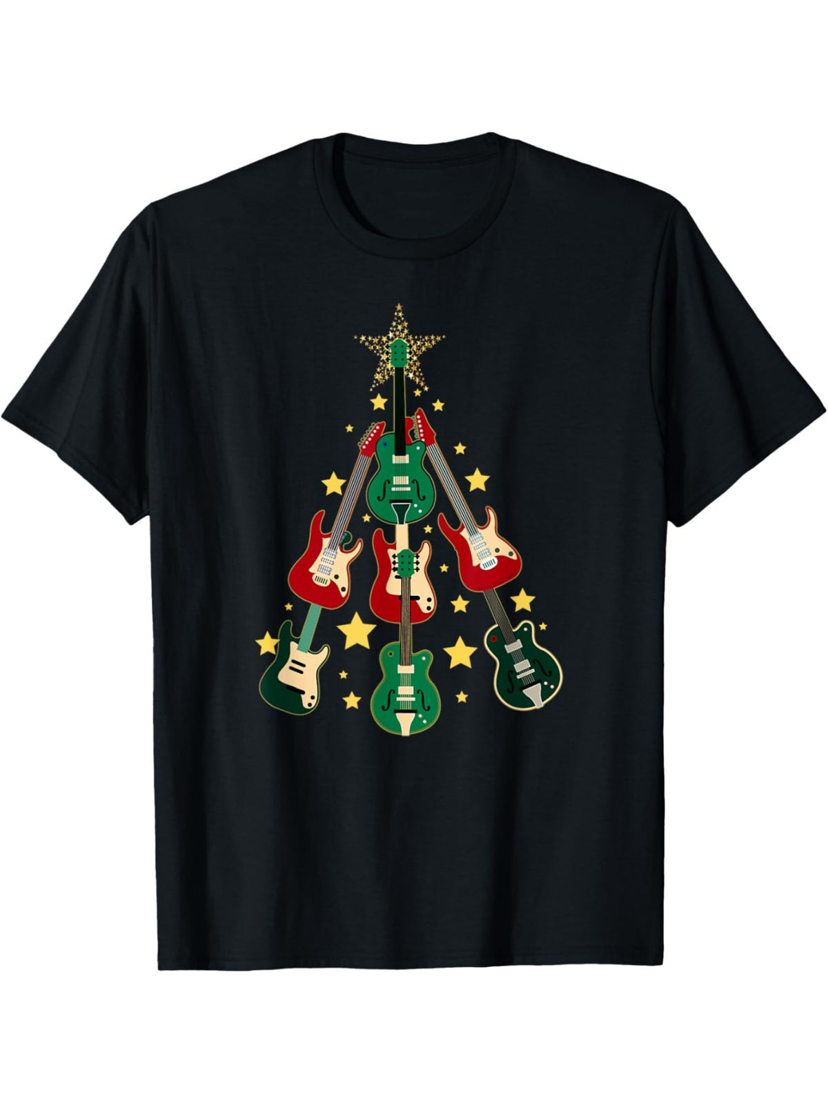 Cool Guitar Christmas Tree Print, Men's Pure Cotton Round Neck Short Sleeve Tee, Fashion Regular Fit T-Shirt Top For Summer Daily Casual Wear