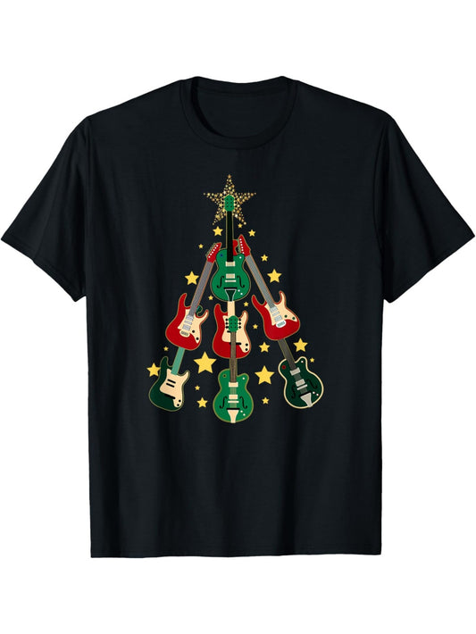 Cool Guitar Christmas Tree Print, Men's Pure Cotton Round Neck Short Sleeve Tee, Fashion Regular Fit T-Shirt Top For Summer Daily Casual Wear