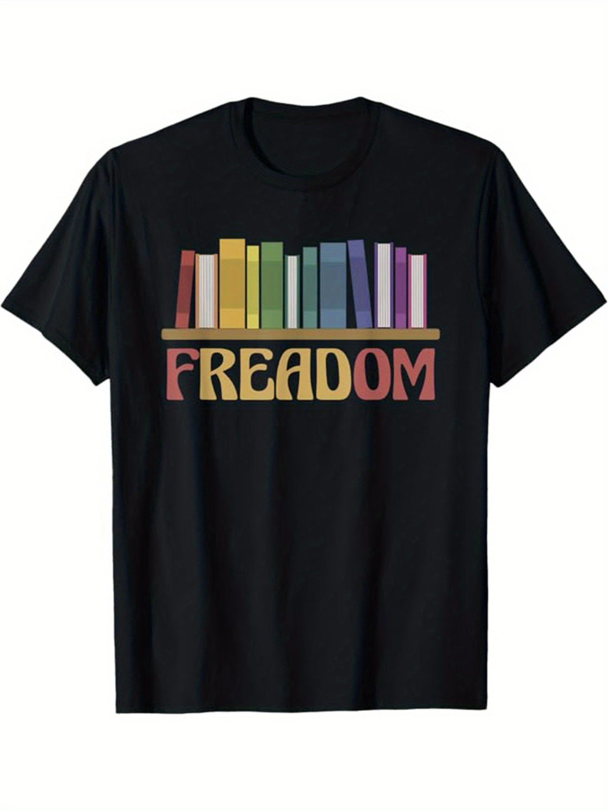 READ FREEDOM Letter And Rainbow Color Books Print T-shirt For Men, Pure Cotton Short Sleeve Tee, Summer Top For Casual Wear