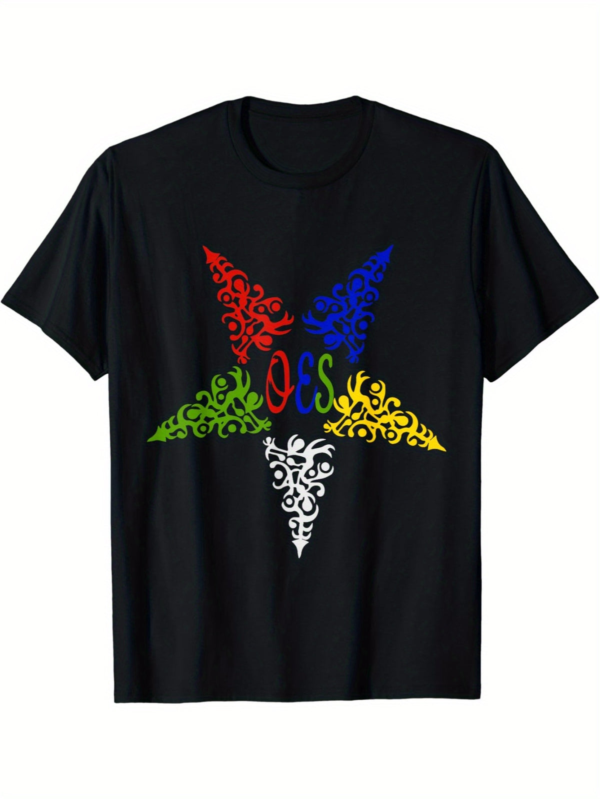 Men's OES Star of the East Graphic T-Shirt - 100% Cotton, Black with Colorful Star Design, Casual Round Neck Tee, Perfect for Parents' Day or Casual Attire, Event Dress Shirt | Graphic Print Tee | Cotton Knit Fabric