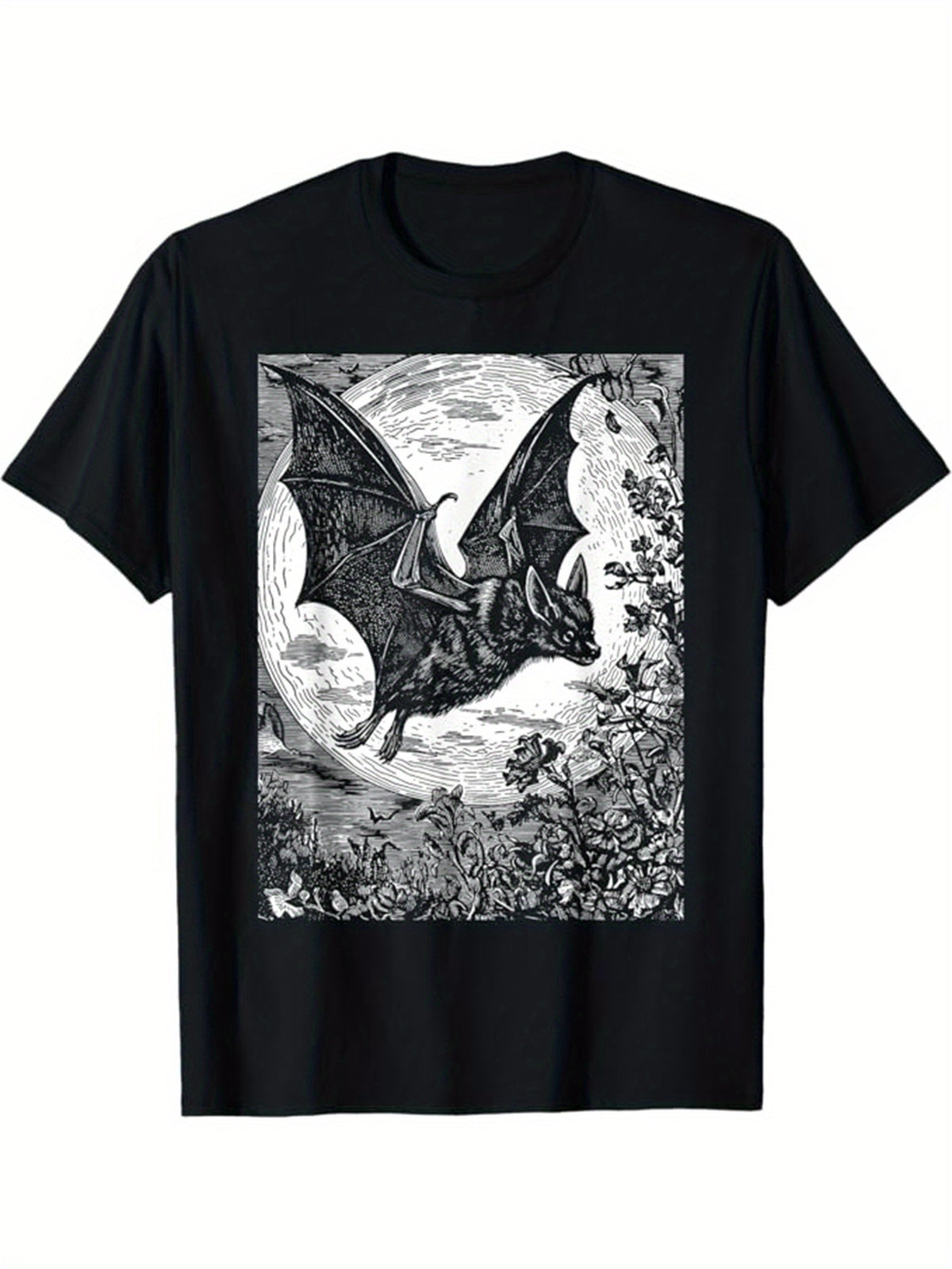 Men's Soft Cotton Graphic Tee with Bat Print - Casual Short Sleeve Crew Neck T-Shirt, Black & White Bat Design, Breathable & Machine Washable, Perfect for Halloween or Casual Attire