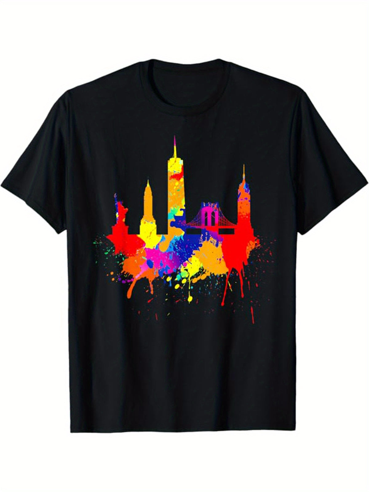 Men's Vibrant New York Cityscape Print T-Shirt - 100% Cotton, Casual Relaxed Fit, Short Sleeve Crew Neck Tee with Machine Washable Digital Graphic for All Seasons