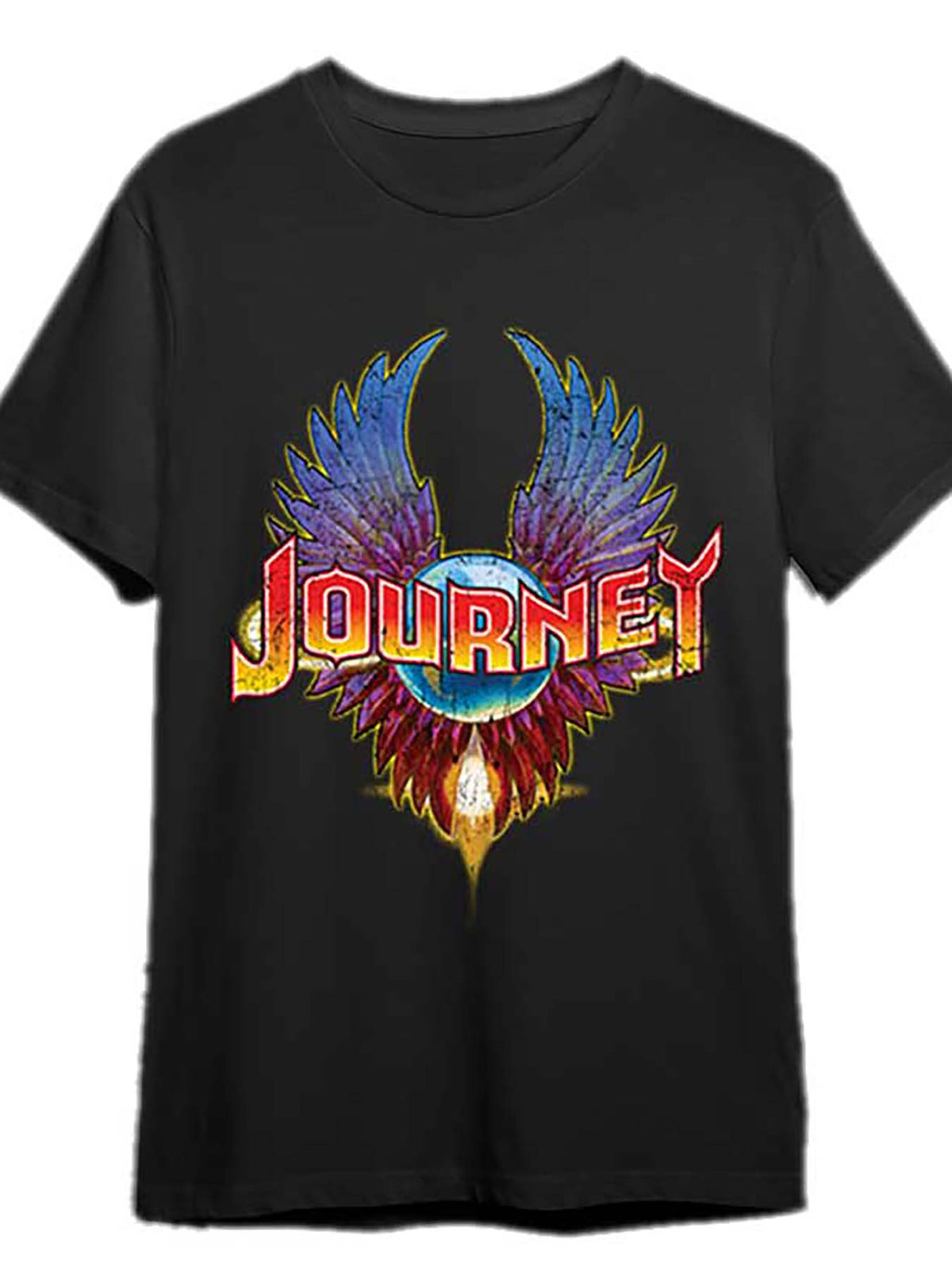 Men's Journey Classic Rock Band Graphic T-Shirt - Black Cotton, Short Sleeve, Crew Neck with Colorful Winged Design, Band T Shirts