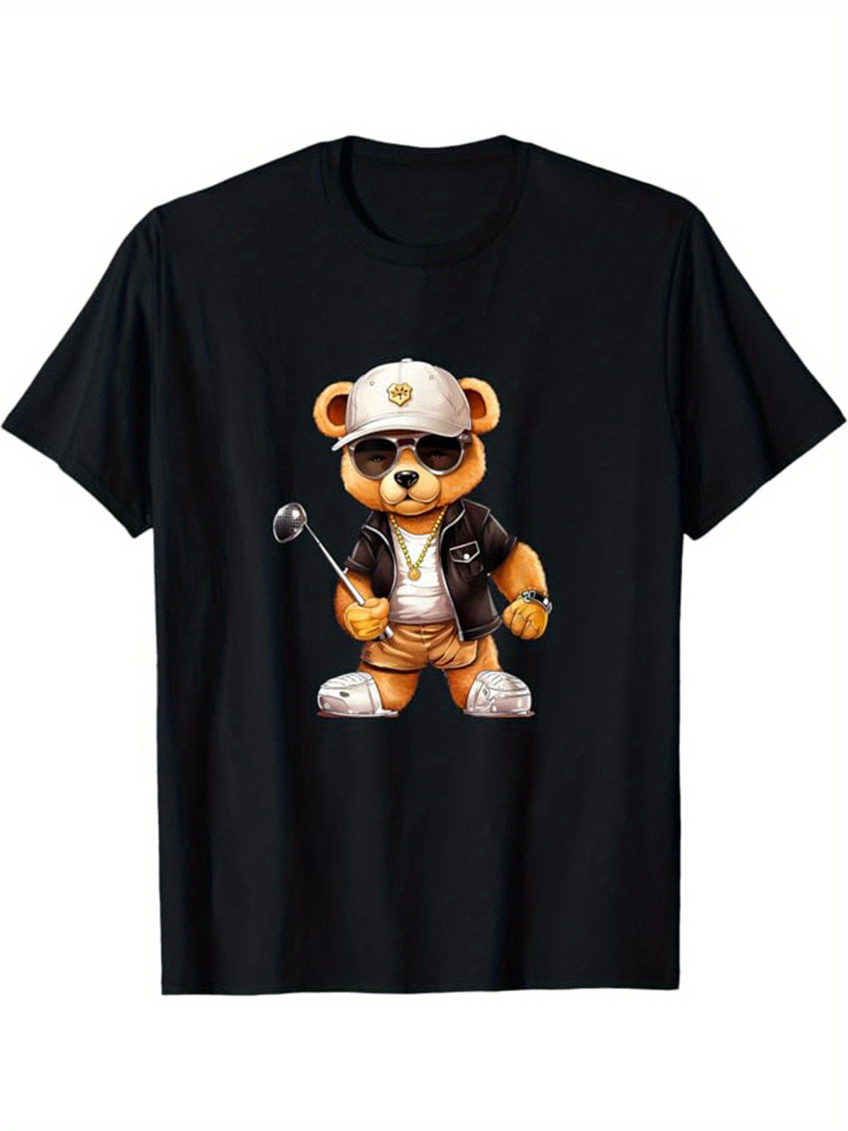 Men's Cotton T-Shirt With Teddy Bear Print, Casual Short Sleeve Round Neck Tee, Soft Comfortable Top, Fashion Tee
