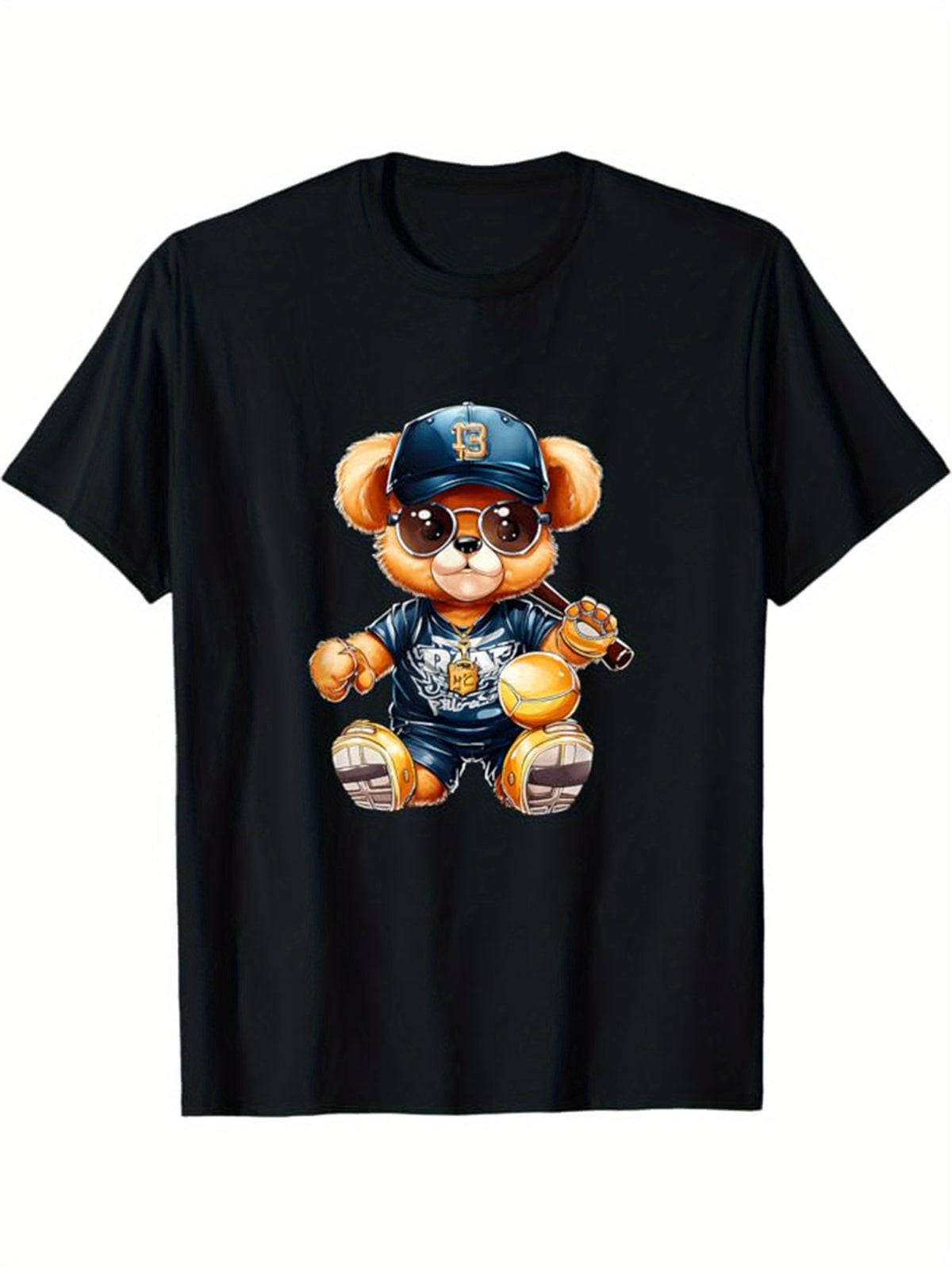Men's Cotton T-Shirt With Teddy Bear Print, Casual Short Sleeve Round Neck Tee, Soft Comfortable Top, Fashion Tee