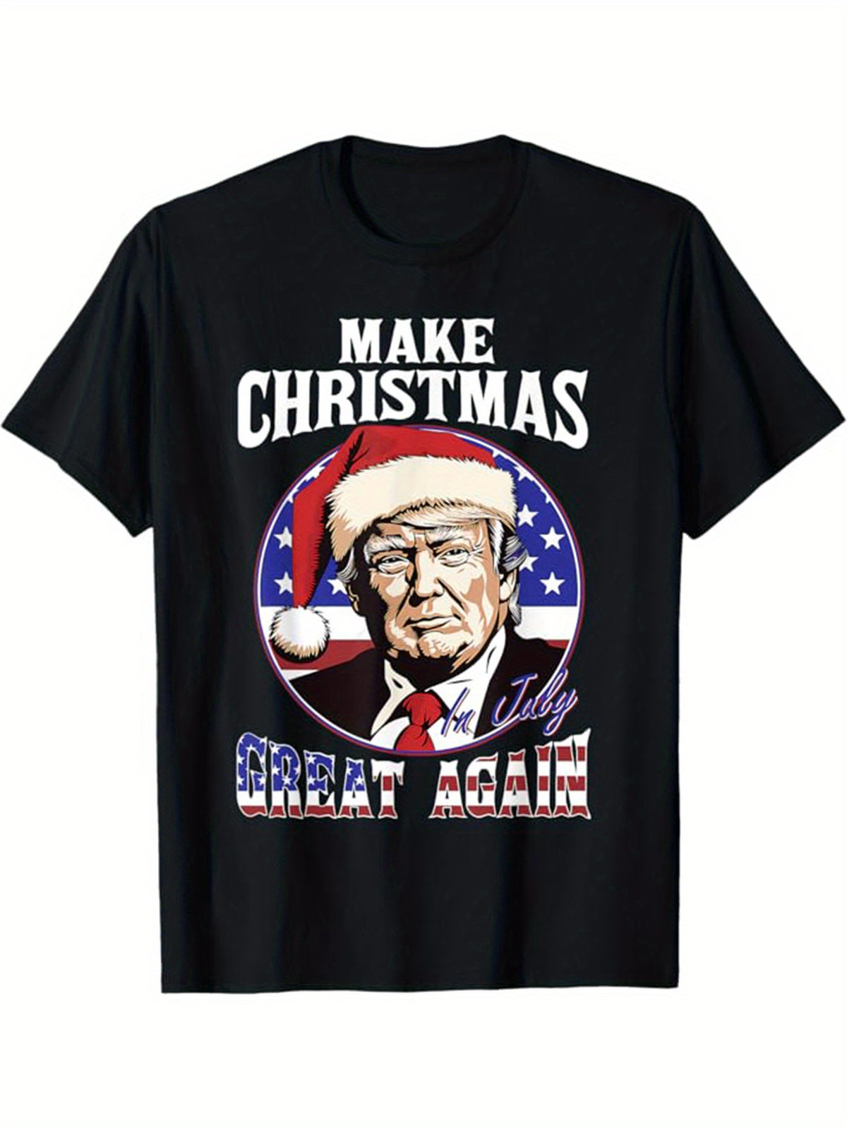 Men's Donald Trump Christmas Graphic T-Shirt - Soft Cotton, Casual Crew Neck, Short Sleeve, Festive Santa Hat Design with American Flag, Machine Washable, All-Season Wear, Holiday Casual Wear|Patriotic Apparel|Print Quality, Christmas Shirts