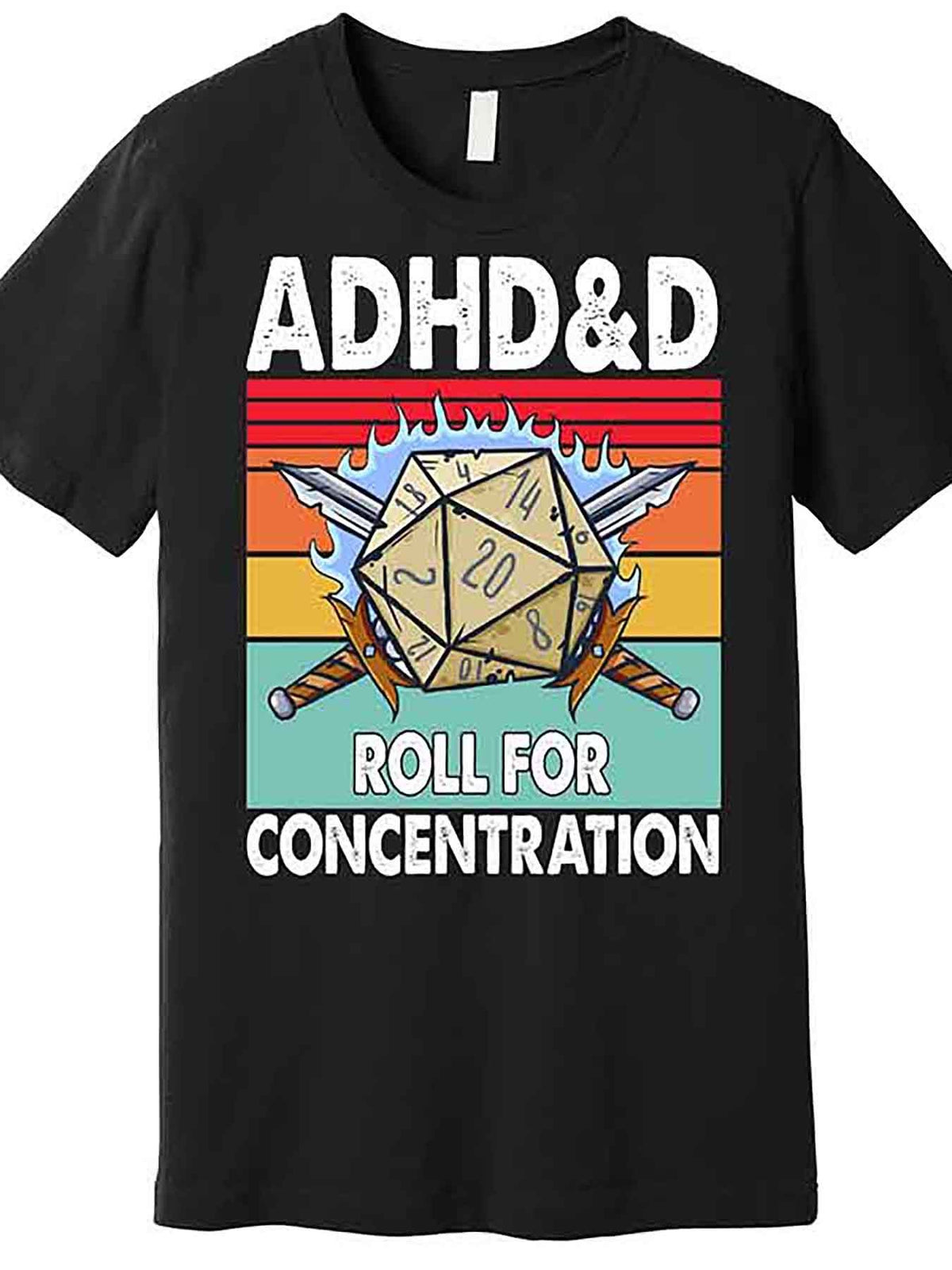 Men’s ADHD Roll for Concentration Funny Gamer T-Shirt - Black Graphic Short Sleeve, 100% Cotton, Casual Fit, Machine Washable, Dice & Swords Design, Casual Wear | Casual Fit Shirt |, Funny Gamer Shirt