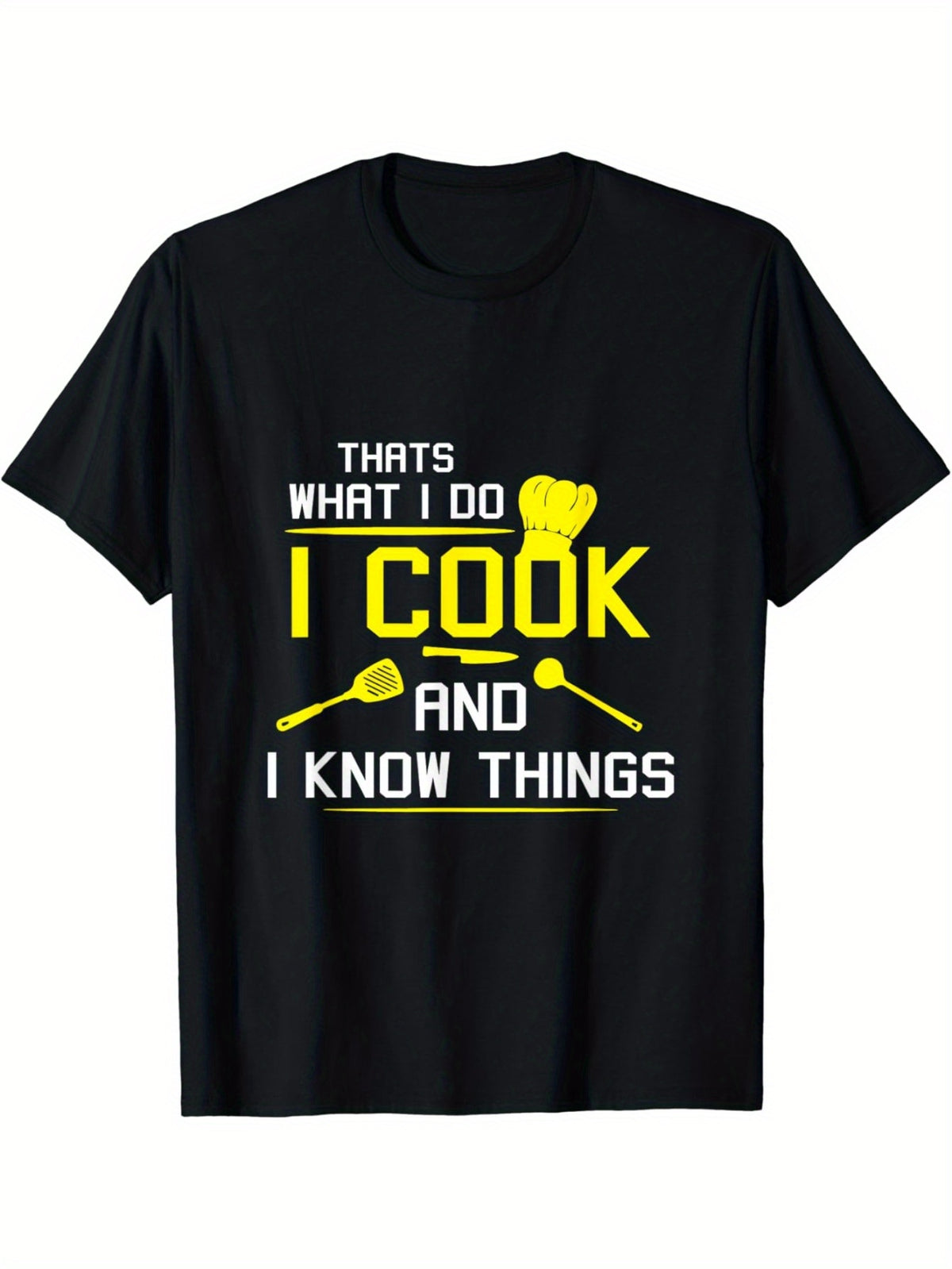 [Chef Geek Cotton Tee] Chef Geek 1pc Cotton Casual Crew Neck T-Shirt - Striped Applique, All-Season Sports & Outdoor Top for Adults, Regular Fit - "I Cook and I Know Things" Print