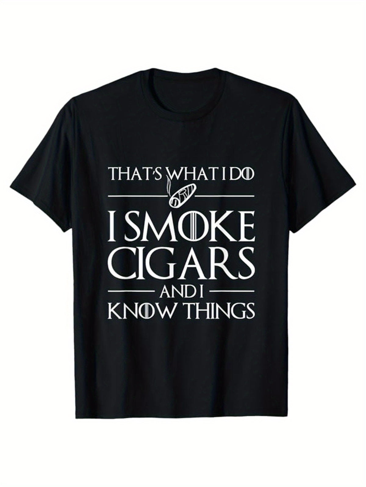 Men's Humorous Cigar Quote Cotton T-Shirt - Soft, Casual Short Sleeve Round Neck Tee with "I Smoke Cigars and I Know Things" Print, Machine Washable, All-Season Comfort