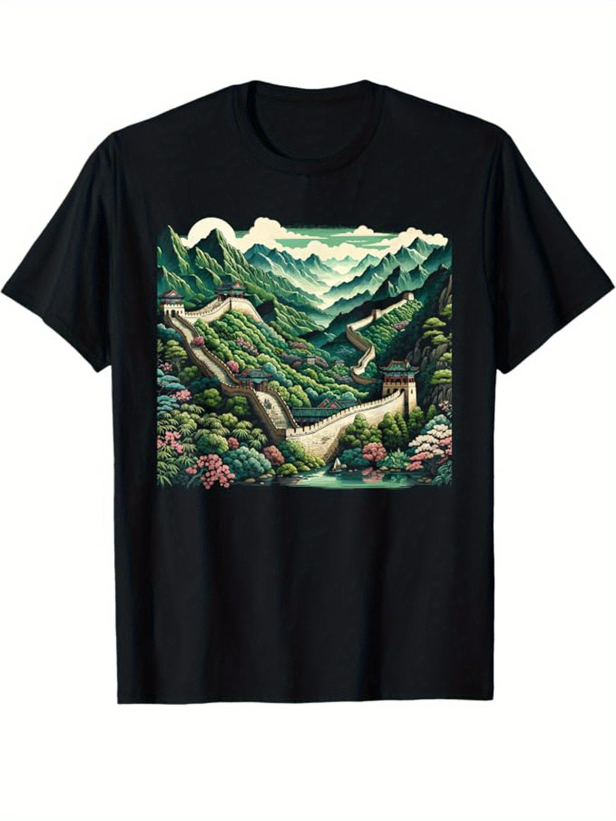 Men's Cotton T-Shirt With Great Wall of China Printed, Casual Short Sleeve Round Neck Tee, Soft Comfortable Top