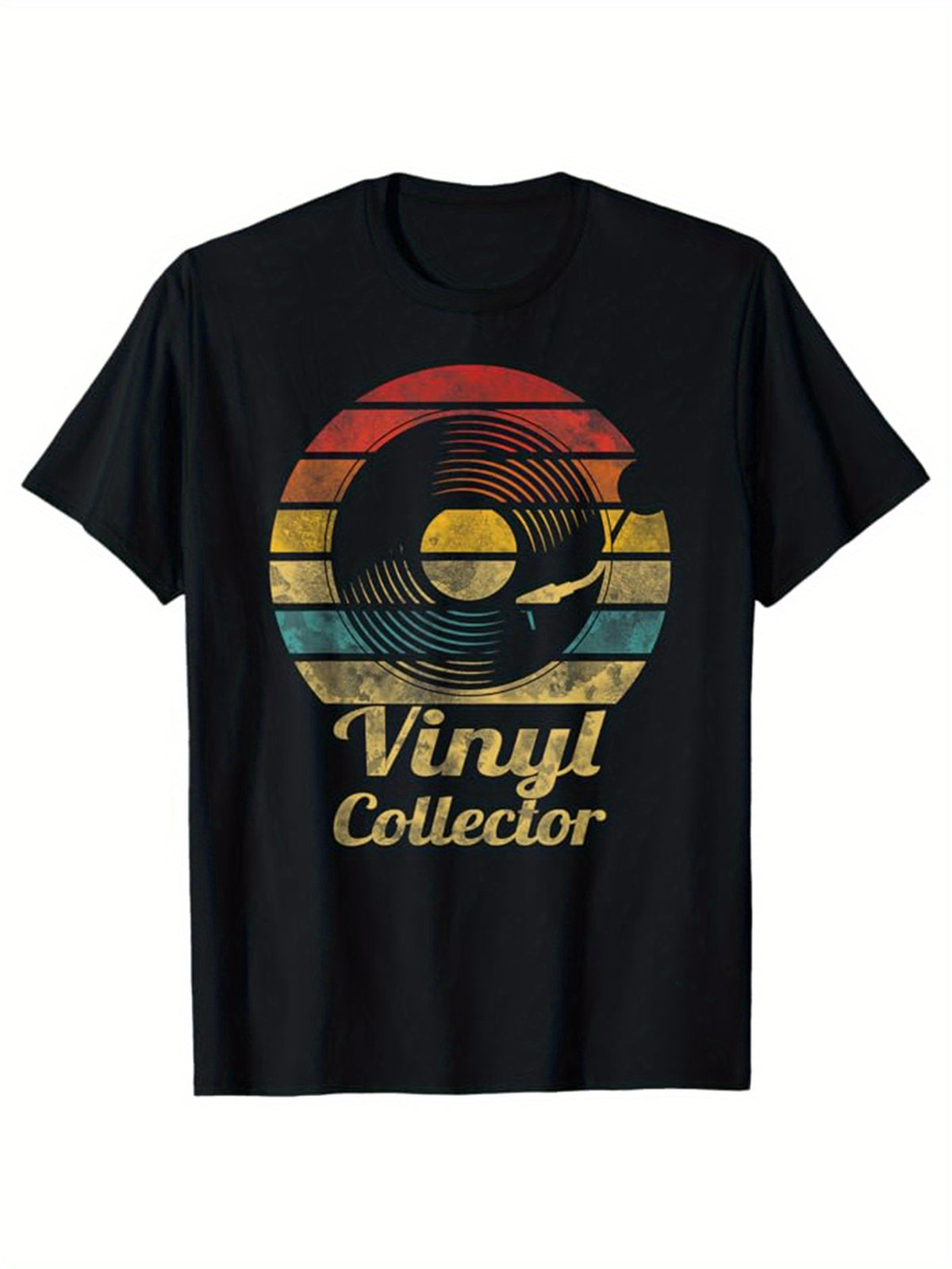 Record Player Print Men's Cotton T-shirt, Graphic Tee Men's Outdoor Clothes, Men's Back To School Clothing, Casual Short Sleeve Crew Neck T-shirt, Tops For Men, Gift For Men