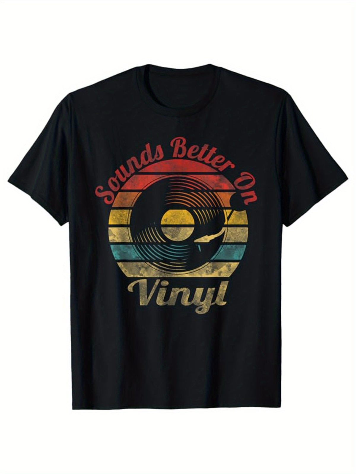 Record Player Print Men's Cotton T-shirt, Graphic Tee Men's Outdoor Clothes, Men's Back To School Clothing, Casual Short Sleeve Crew Neck T-shirt, Tops For Men, Gift For Men