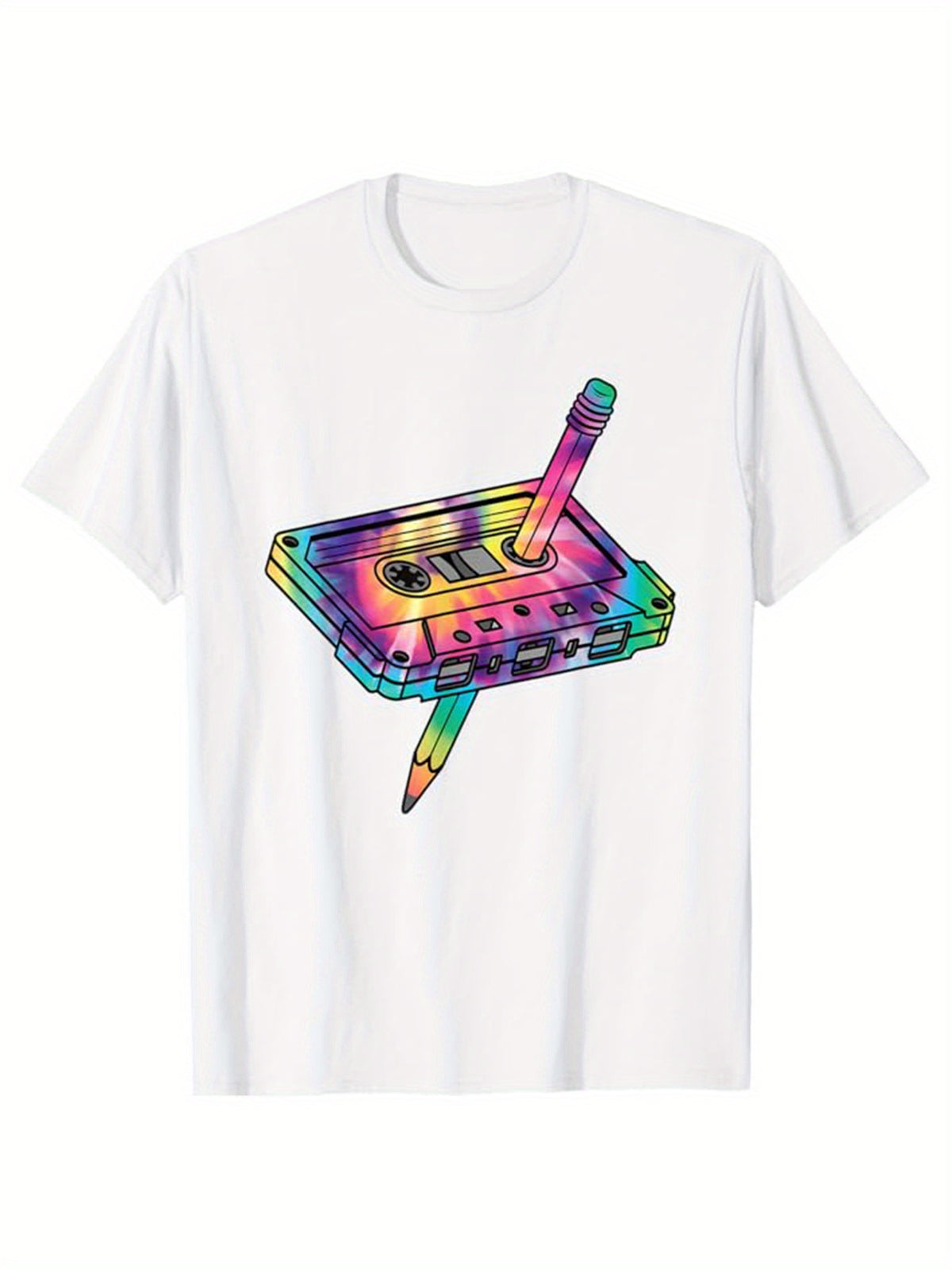 Men's 1980s Retro Vintage Graphic T-Shirt, Pure Cotton Casual Short Sleeve Tee with Colorful Cassette Tape Print, Loose Fit Round Neck, Machine Washable, All-Season Wear, Everyday Tshirt | Nostalgic 80S Style | Medium Stretch Fabric