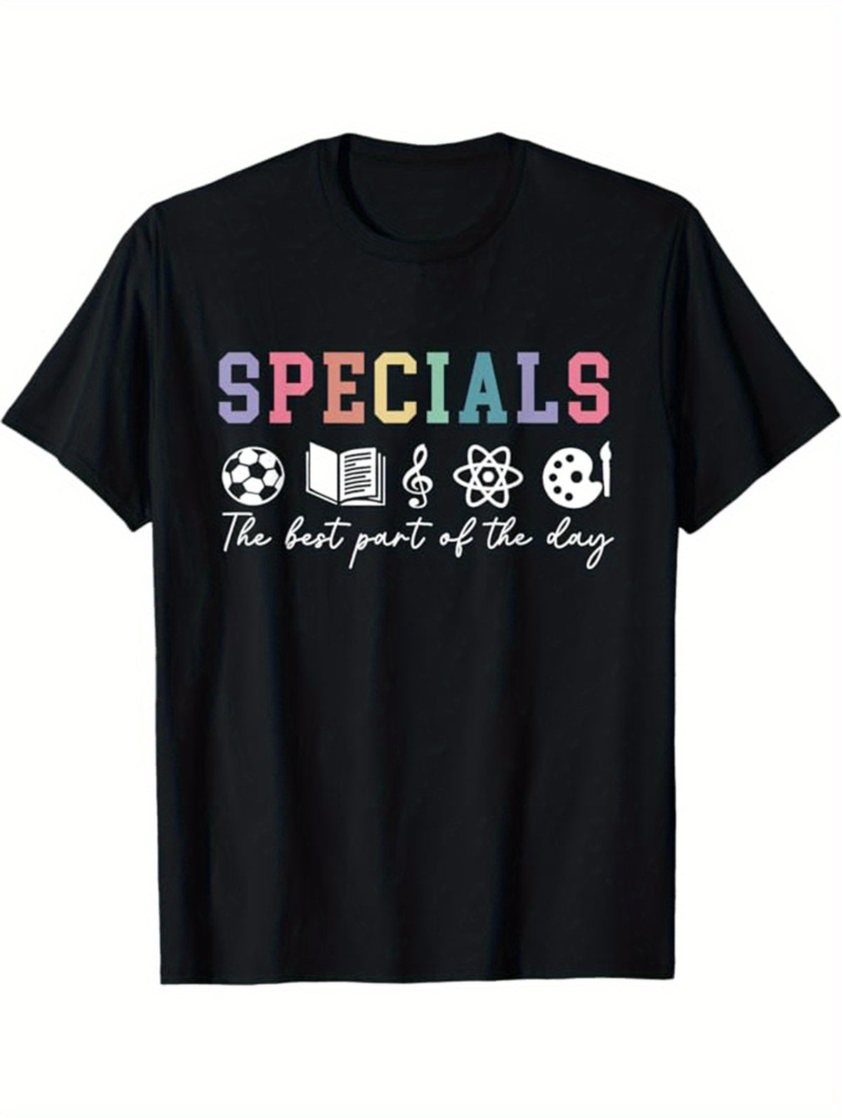 Men's 100% Cotton "Specials" Graphic Tee - Music & Education Theme with Soccer, Books, & More - Casual Short Sleeve Crew Neck T-Shirt for All Seasons