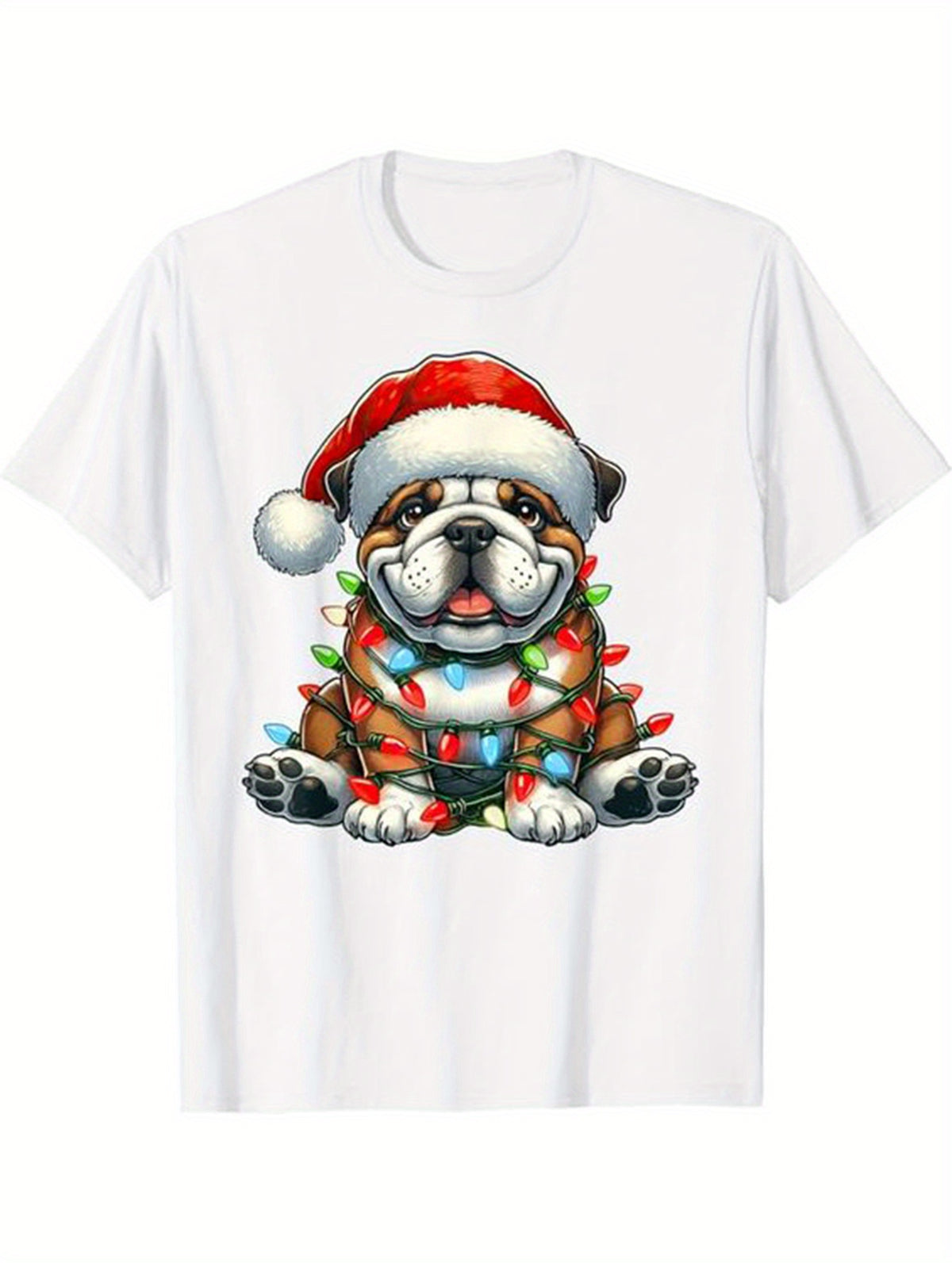 Men's Christmas Bulldog Santa T-Shirt, Festive Holiday Graphic Tee with Bulldog in Santa Hat & Lights, Casual Short Sleeve Crew Neck, Soft Cotton, Perfect Gift for Men