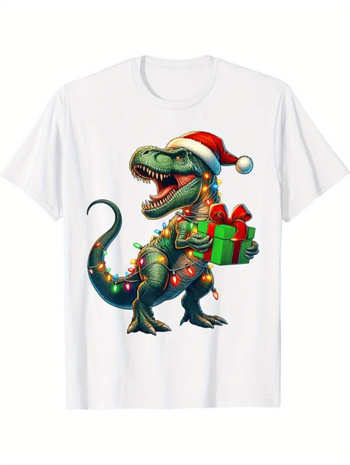 Men's Cotton Christmas T-Shirt with Santa Claus Dinosaur Graphic - Casual Short Sleeve Crew Neck, Festive Holiday Design, Machine Washable, Allseason Tshirt|Playful Graphic Shirt|Comfortable Fit