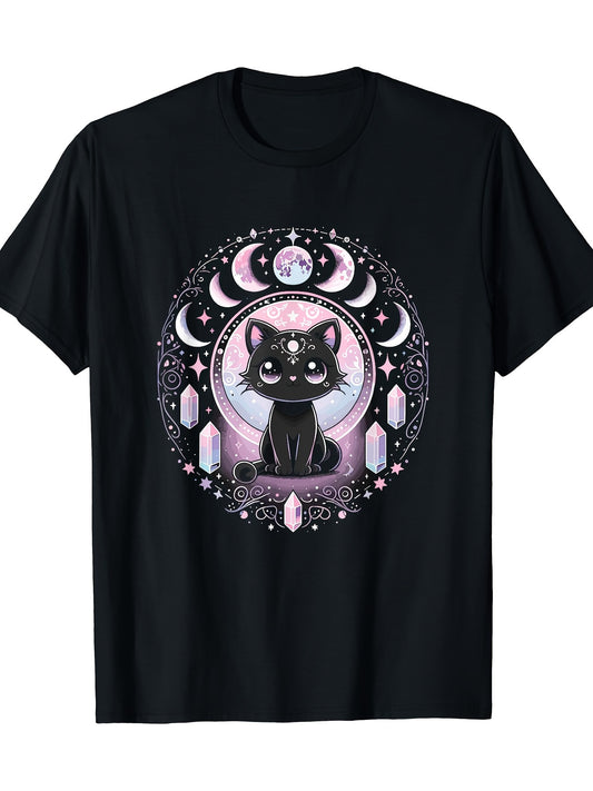 Kawaii Pink Goth Crystal Witch Moon Phase T-shirt - Cute Black Cat Design