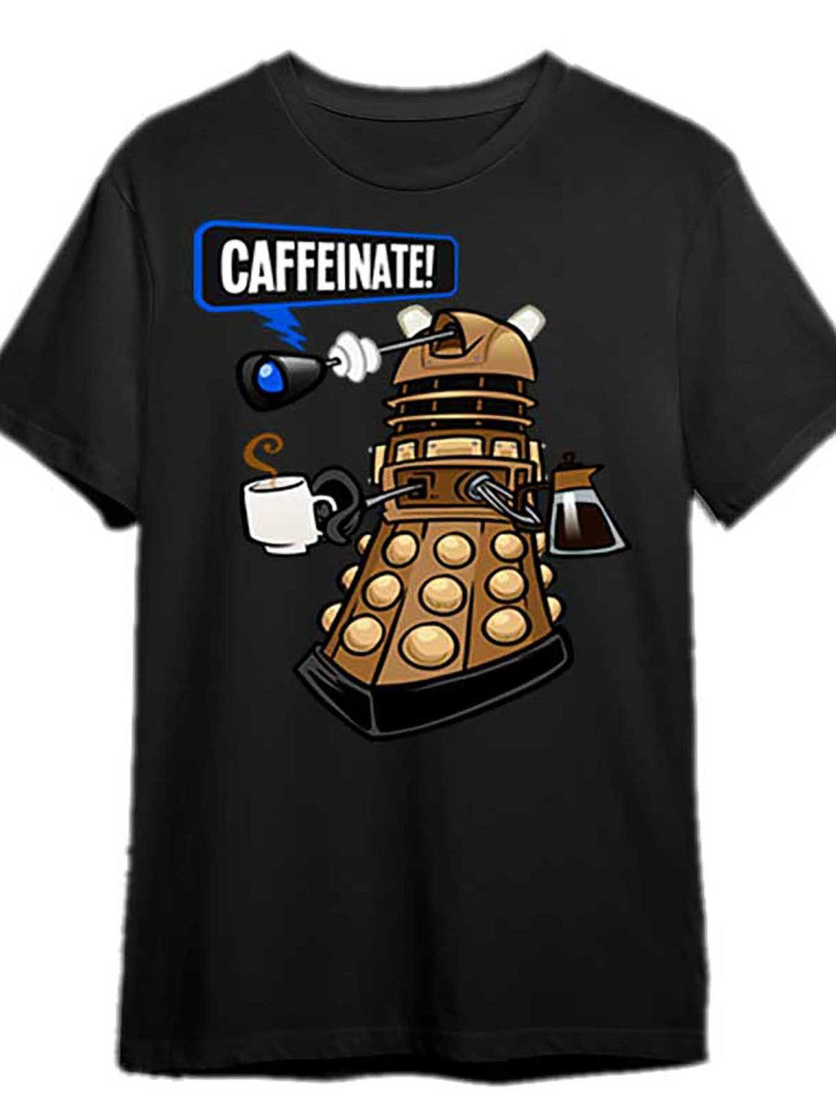 Dalek Doctor Who Caffeinate Graphic T-Shirt, 100% Cotton, Casual Crew Neck, Medium Stretch, Short Sleeve, Regular Fit, Solid Color with Applique Detail, for Men's Knit Fabric Tee