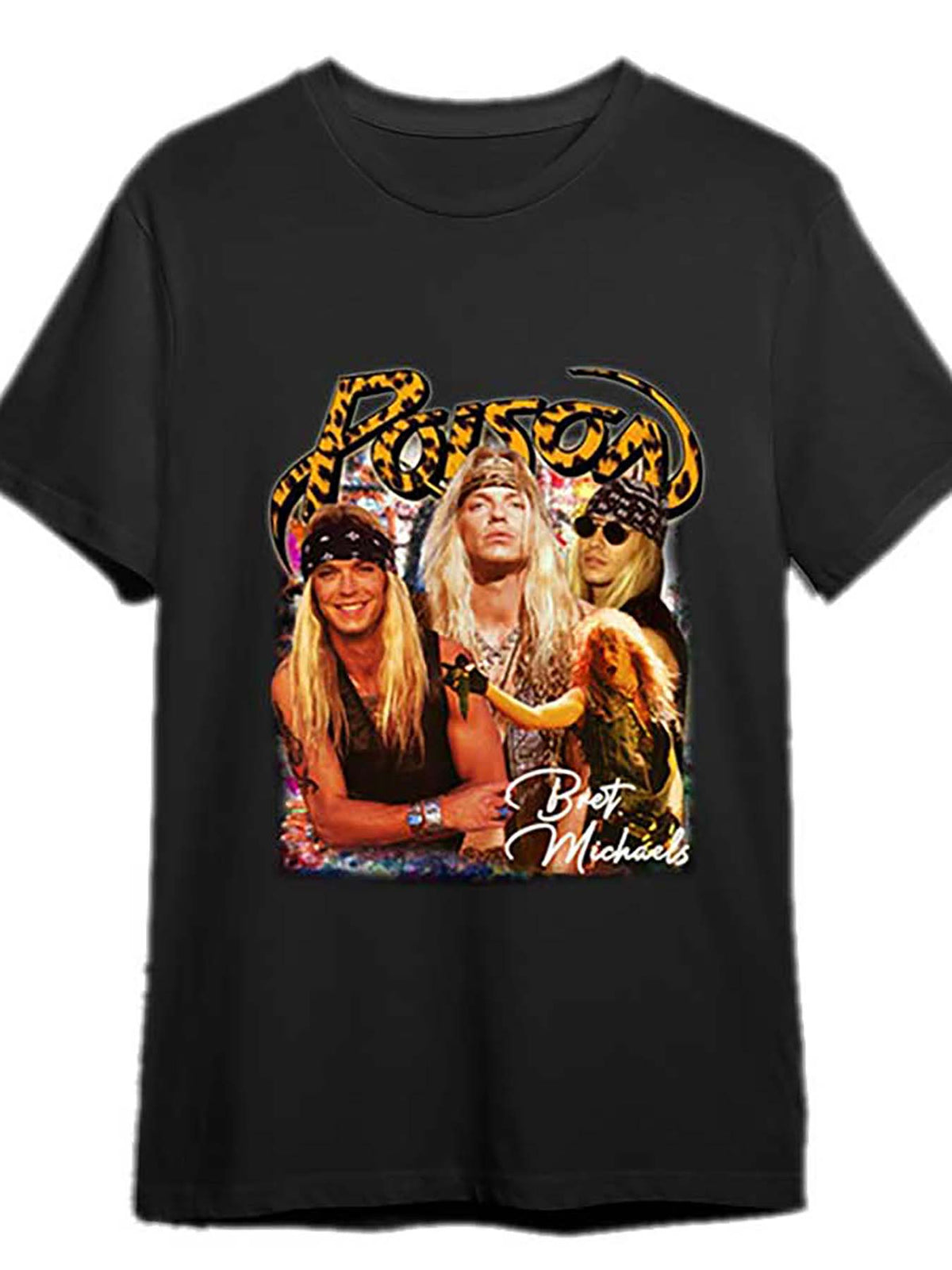 Men's Black Cotton T-Shirt Featuring Poison & Bret Michael's 80s Glam Rock Band - Short Sleeve, Crew Neck, Graphic Tee with Vibrant Colors and Leopard Print Detail, Band T Shirts