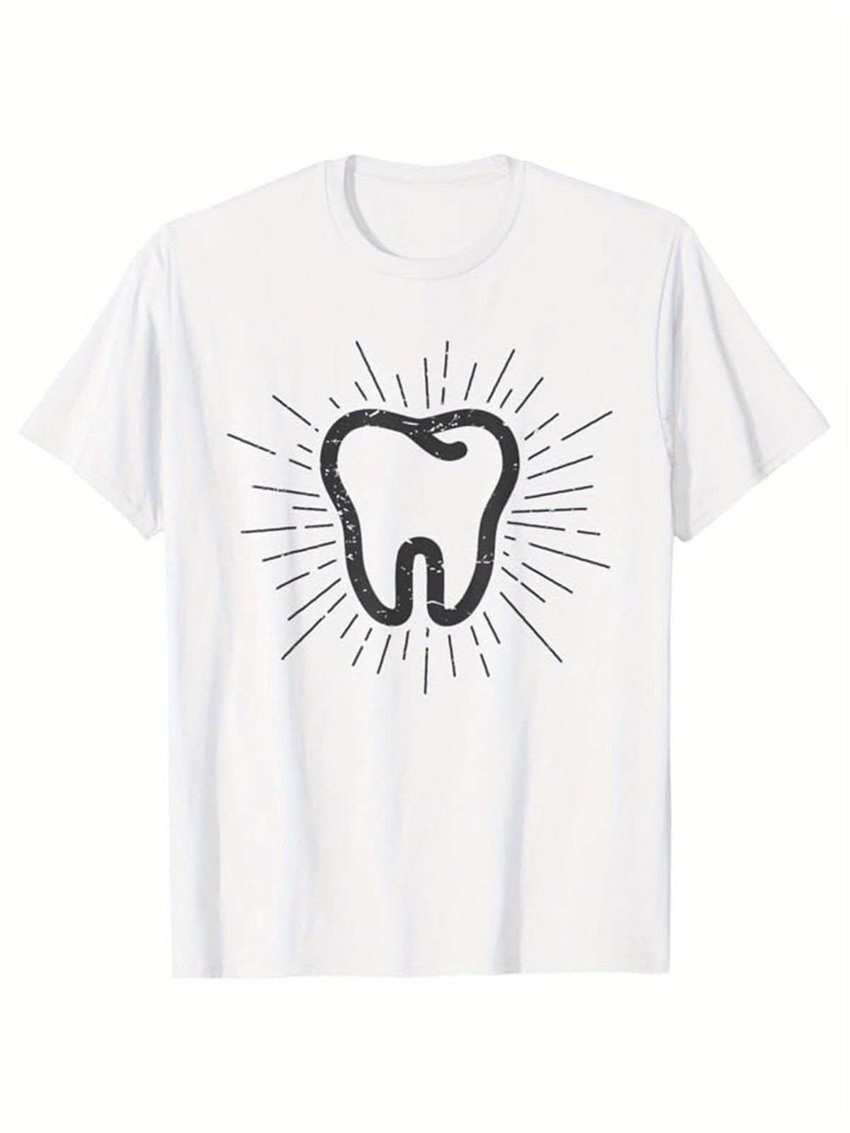 Men's Cotton Graphic T-Shirt - Tooth Print, Casual Short Sleeve Crew Neck Tee, Soft & Comfortable Dental Hygienist Gift, White with Black Design, Relaxed Fit for All Seasons