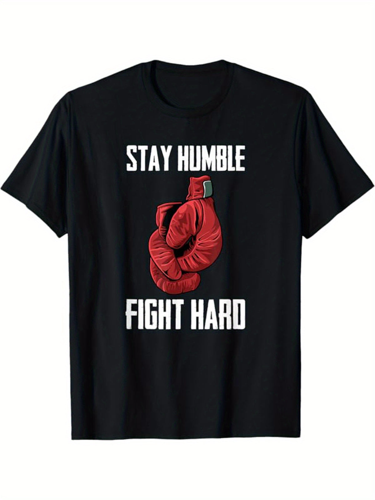 Men's "Stay Humble, Fight Hard" Boxing Graphic T-Shirt - Casual Black Cotton Tee with Red Gloved Design, Soft & Comfortable, Short Sleeve Crew Neck, Machine Washable