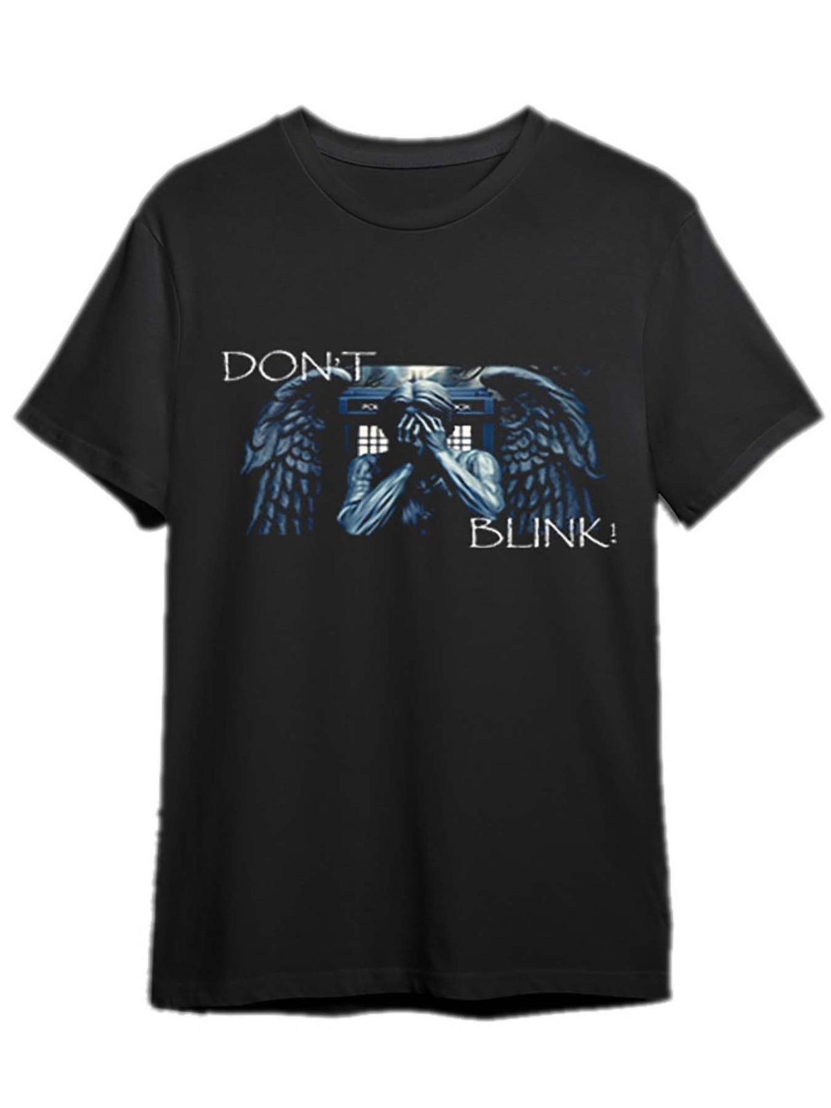 Men’s "Don’t Blink!" Weeping Angel Graphic T-Shirt - Black Cotton Short Sleeve Casual Tee with Blue Wing Design, Machine Washable, 180g/㎡