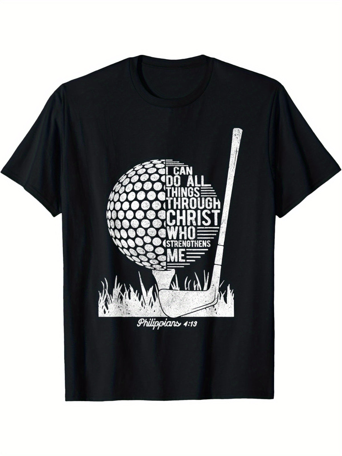 Men's Golf Bible Verse T-Shirt - "I Can Do All Things Through Christ Who Strengthens Me" Philippians 4:13 - Black Cotton Christian Faith Tee with Golf Ball & Club Design, Casual Round Neck, Machine Washable