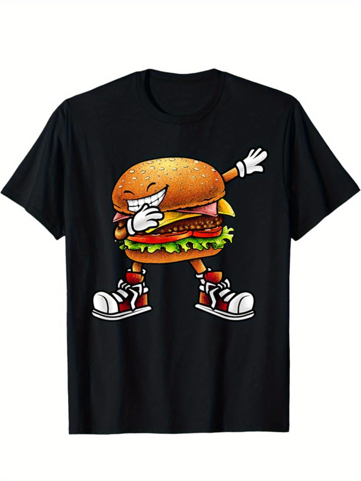 Men's Soft Cotton Crew Neck T-Shirt with Fun Cartoon Hamburger Graphic - Casual Short Sleeve Tee, Black, Relaxed Fit, Machine Washable, Casual Wear | Playful Graphic Tee | Cotton Knit Fabric