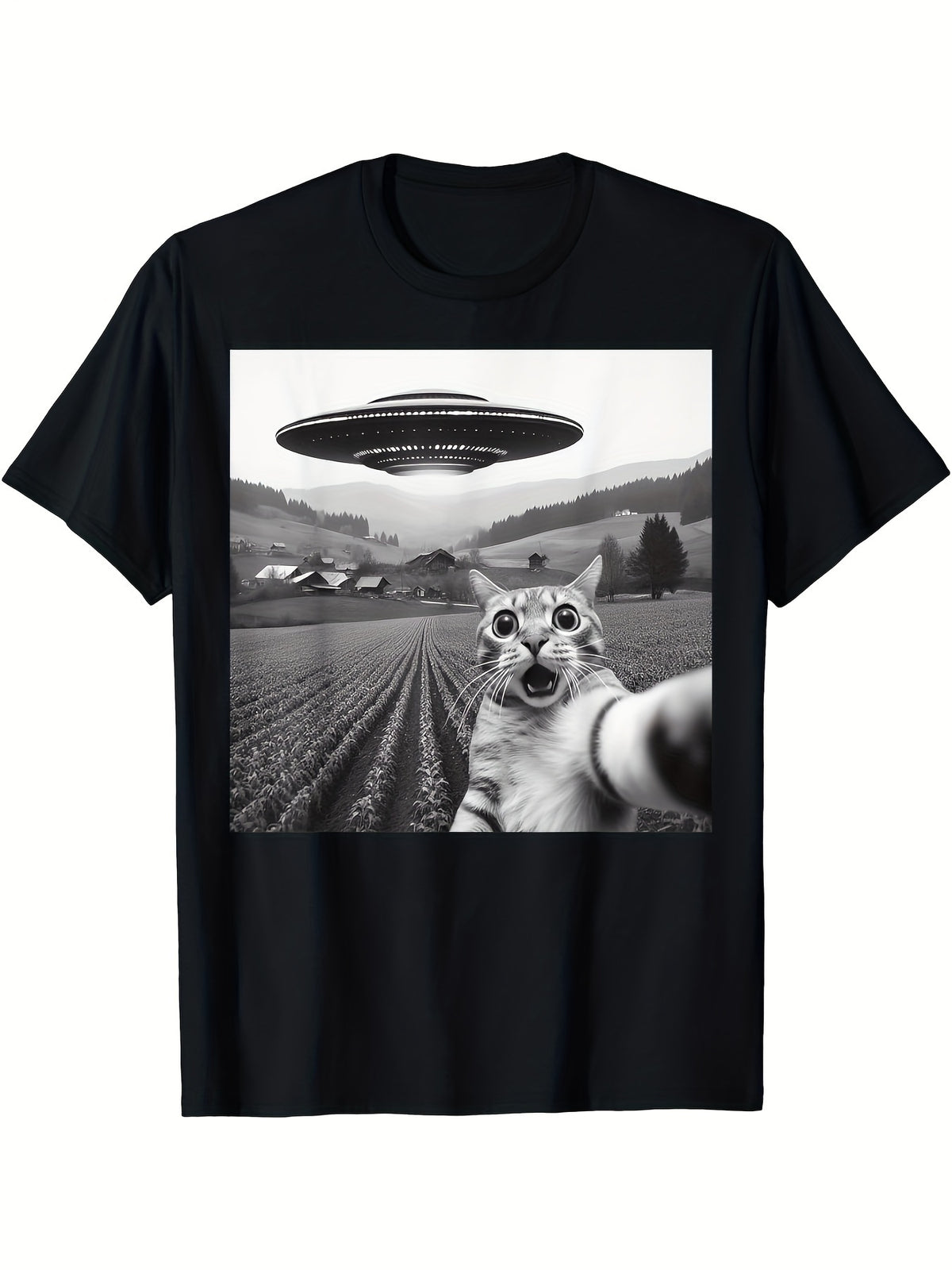 Men's 3D digital cat and UFO printed short-sleeved round neck cotton T-shirt, a fashionable top for outdoor activities in summer.