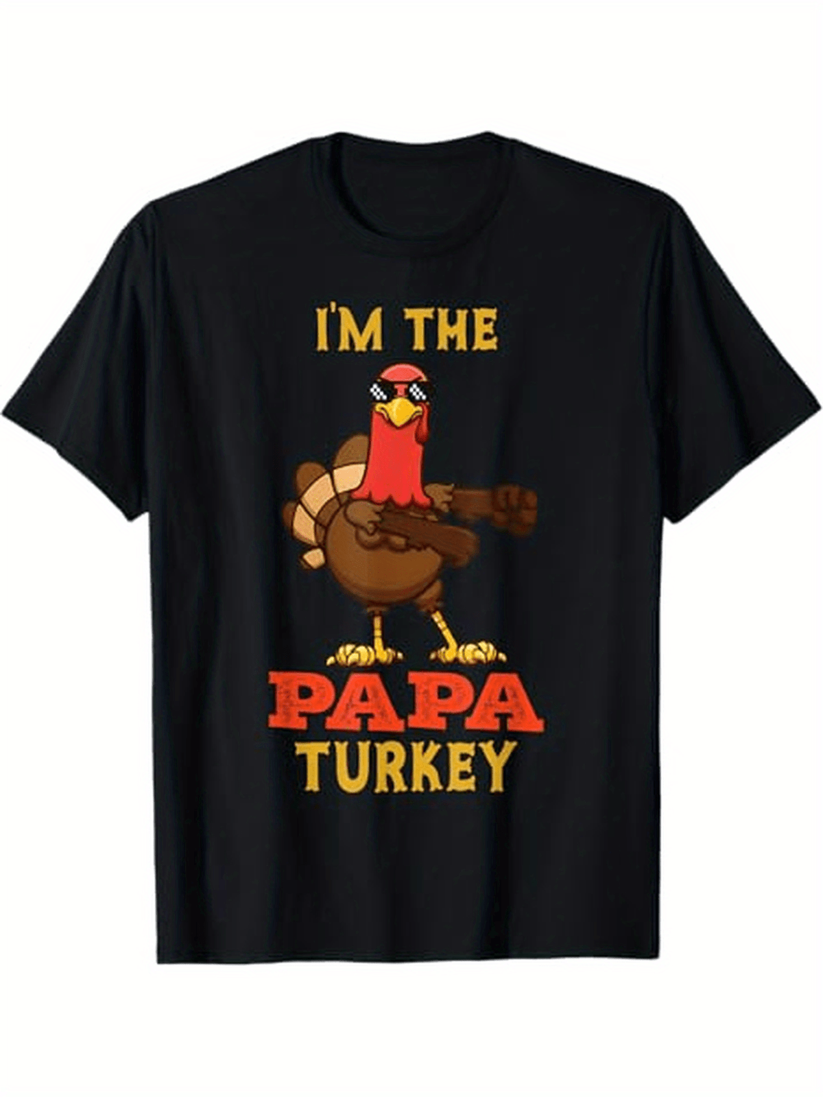 【家居放松】Papa Turkey」家庭搭配T恤 - 黑色棉质T恤，卡通火鸡图案，休闲圆领，短袖，非常适合感恩节和圣诞节，尺寸S-XXXL