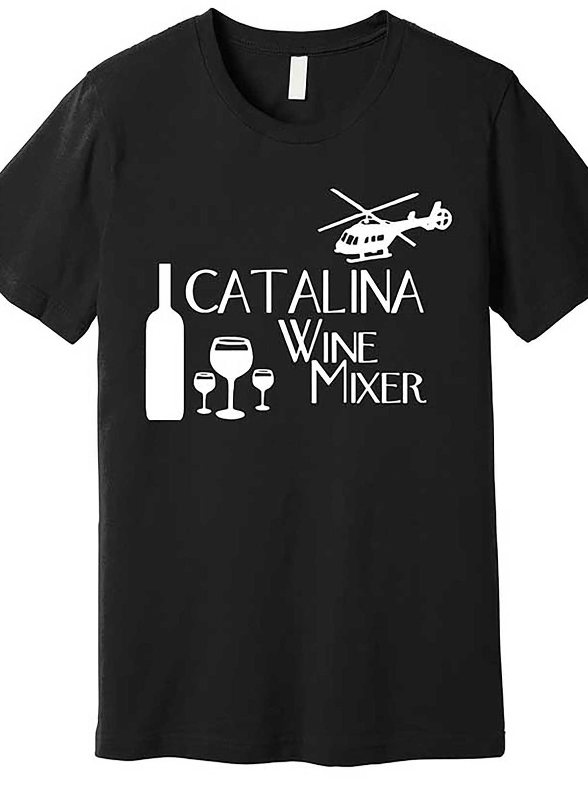 Catalina Wine Mixer" Men's Black T-Shirt - Step Brothers Inspired, Funny Short Sleeve Graphic Tee with Helicopter & Wine Glass Design, 100% Cotton, Machine Washable