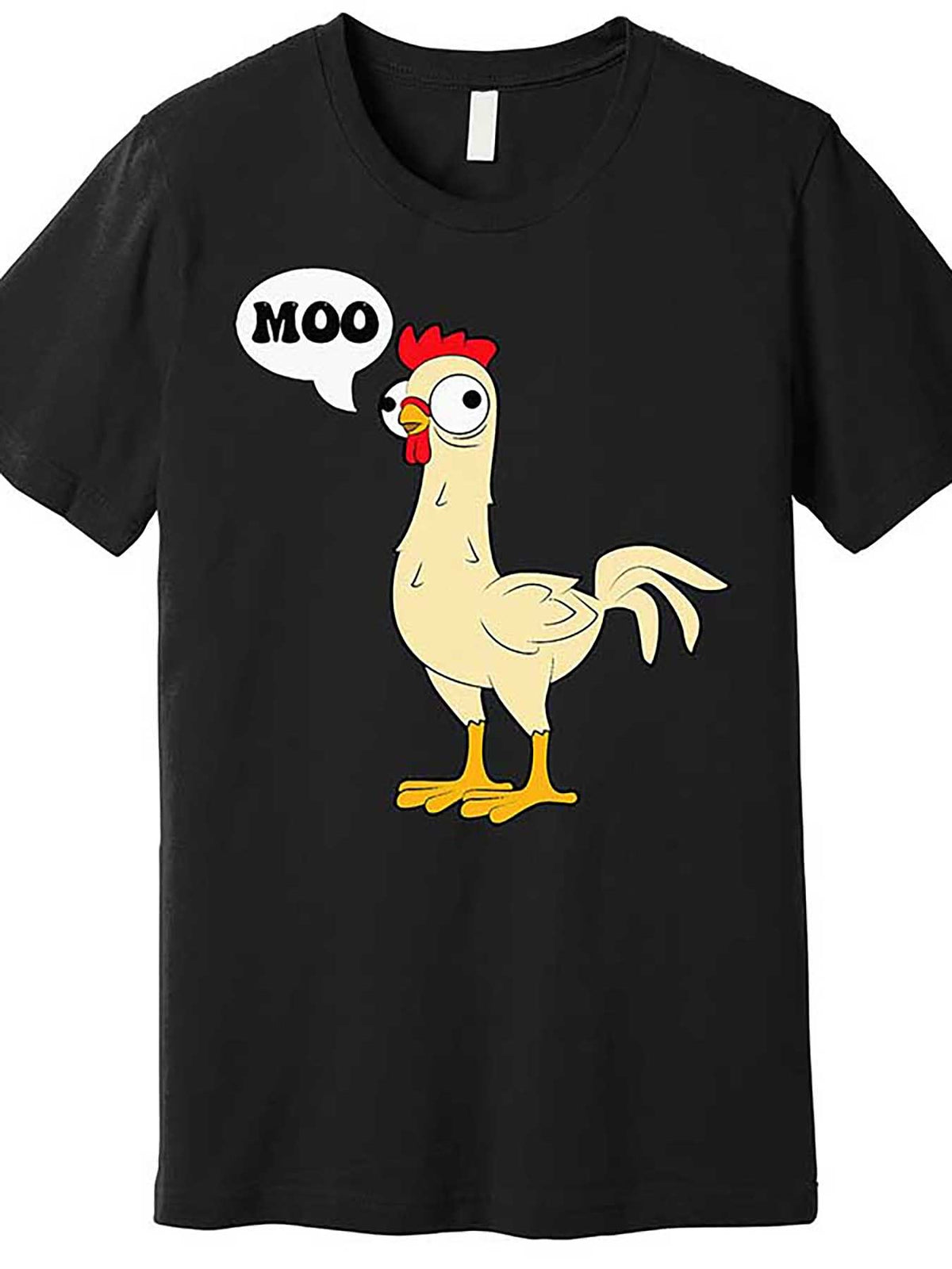 Funny Chicken & Cow Graphic Men's T-Shirt - 100% Cotton, Casual Black Short Sleeve Tee with "MOO" Joke Print, Machine Washable
