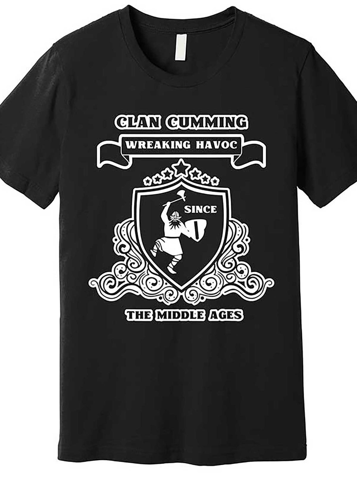 1pc Clan Cumming Wreaking Havoc Since The Middle Ages - Men'S Casual Crew Neck T-Shirt, 100% Cotton, Medium Stretch, Solid Black, Short Sleeve Graphic Tee