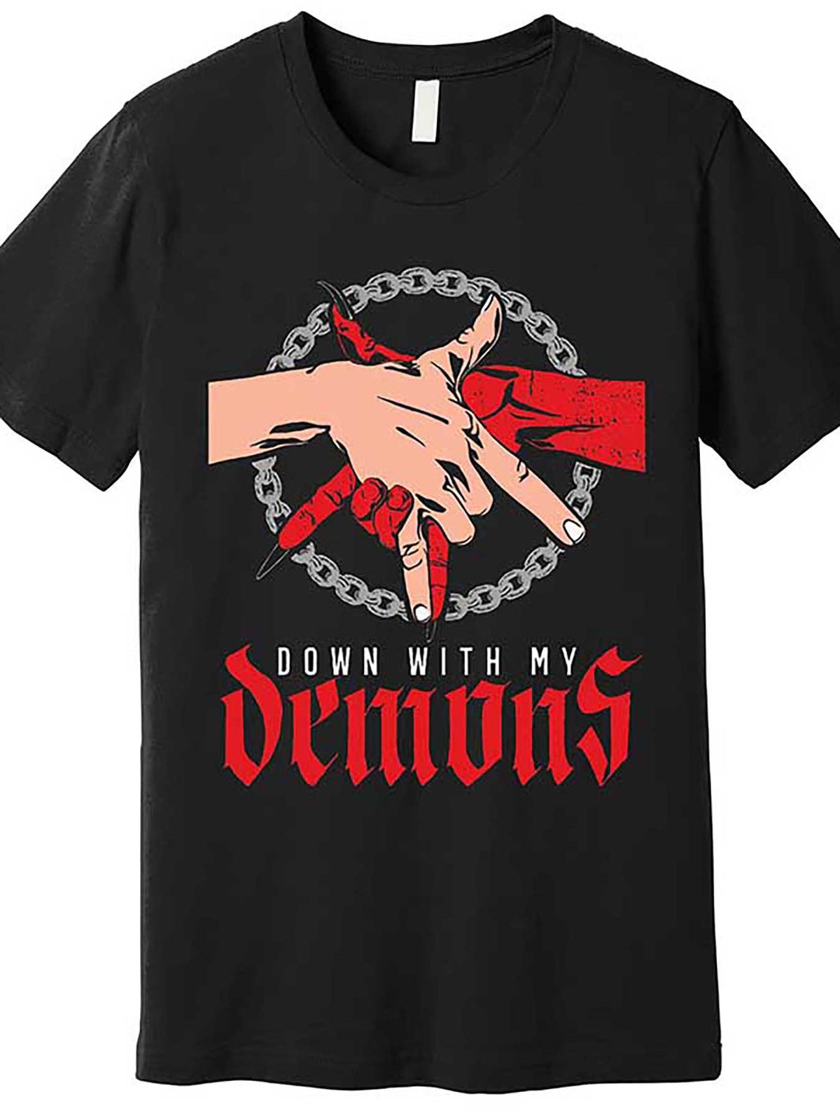 [Gothic Humor T-Shirt] Black Cotton Men's "with My Demons" Graphic T-Shirt | Bold Red & White Print, Gothic Humor Design, Casual Round Neck, Machine Washable, Short Sleeve Tee